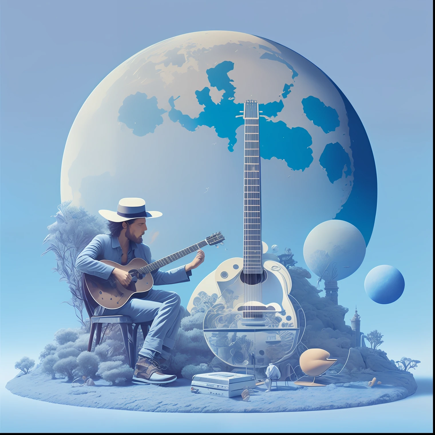 there is a man sitting in a chair playing a guitar, highly detailed composition, Beeple e Jean Giraud, 3 d illutration, 3 d illustration, 3 d illustration, surreal 3 d render, sentado em uma lua, por Wayne England, Album art, badass composition, album cover concept art, atmospheric blues, musician, Arte Promocional, promotional render