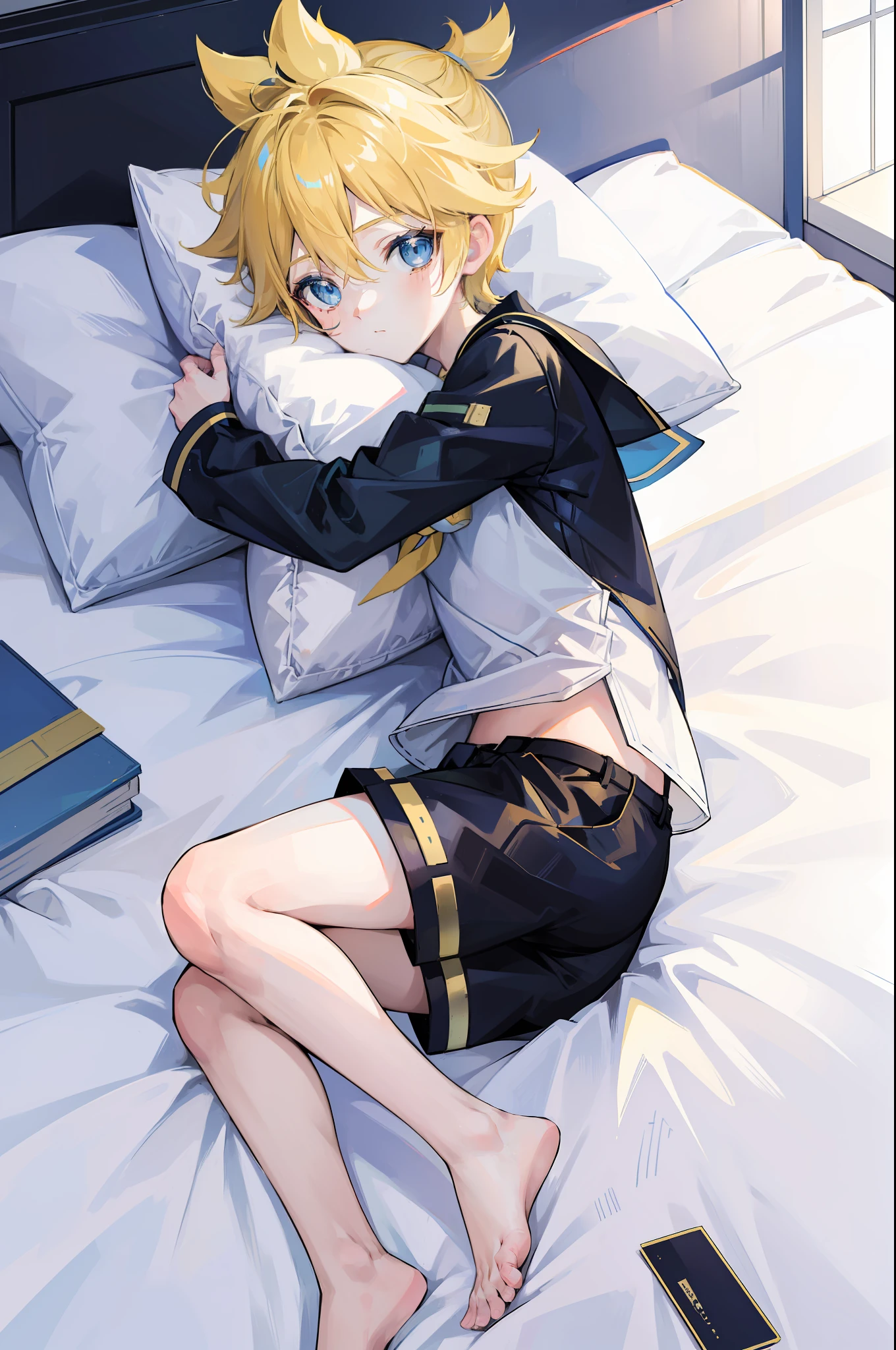 best quality, ultra precision, (one boy), (Len_kagamine), blue eyes, sailor uniform, black short pants, cowlick, on bed, lying on bed, hugging pillow