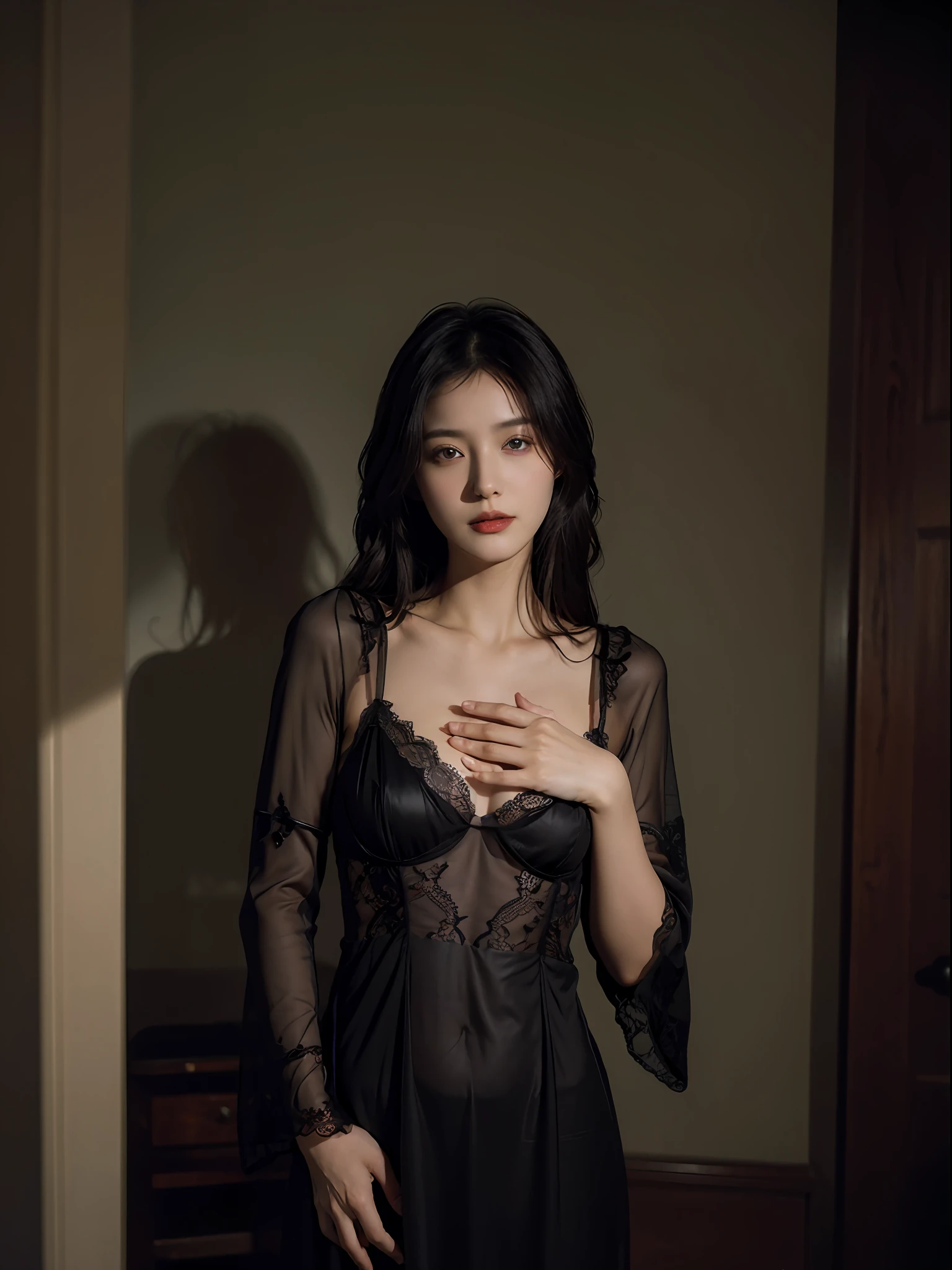 Best quality, masterpiece, ultra high res, (photorealistic:1.4), raw photo, 1girl, ((black lace nightgown)), ((small breast)), cold light