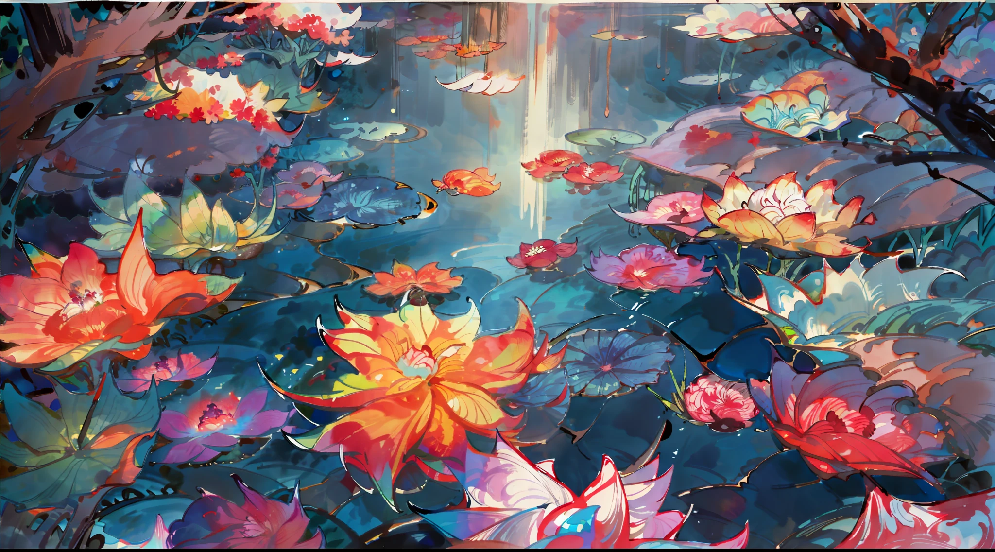 A surreal masterpiece,Accompanied by colorful water and dreamy reflections。The beautiful sky blends in with the color of the lake,It's like a flame。This 8K picture creates a fantastic atmosphere,Colorful clouds reflected in the water,Create masterpieces of surreal visual experiences,best qualtiy,(Very detailed CG unity 8k wallpaper)(best qualtiy),(Most Best Illustration),(best shadow)Nature',Delicate leaves and flowers of various colors fall in the water,ultra-detailliert
