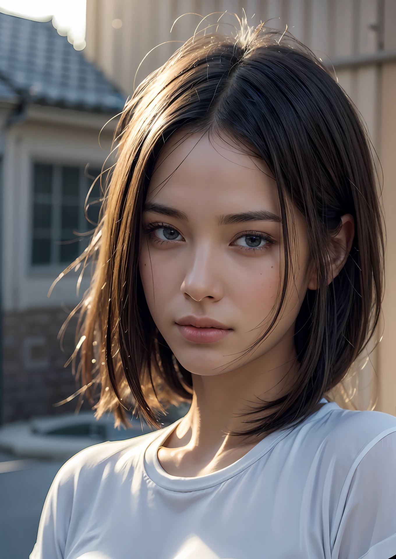 dressed, (photo realistic:1.4), (hyper realistic:1.4), (realistic:1.3), (smoother lighting:1.05), (increase cinematic lighting quality:0.9), 32K, 1girl,20yo girl, realistic lighting, backlighting, light on face, ray trace, (brightening light:1.2), (Increase quality:1.4), (best quality real texture skin:1.4), finely detailed eyes, finely detailed face, finely quality eyes, (tired and sleepy and satisfied:0.0), face closeup, t-shirts, (Increase body line mood:1.1), (Increase skin texture beauty:1.1)