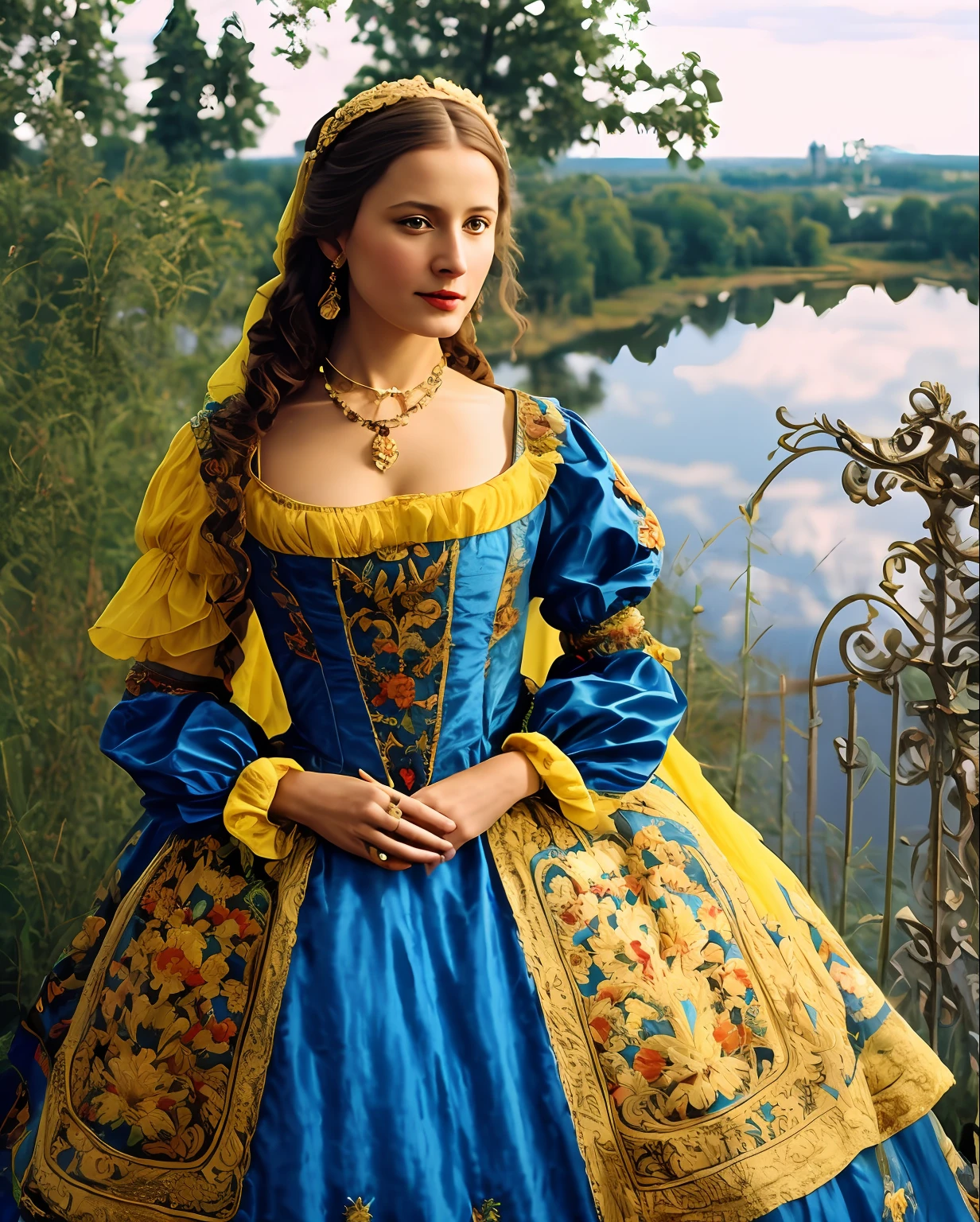 arafed woman in a blue dress with yellow trim and a fan, renaissance colorful dress, historical baroque dress, in a high renaissance style, russian costume, in a renaissance style, wearing an ornate outfit, dress in the style of rococo, traditional russia, wearing ornate clothing, wearing a noblewoman's outfit, beautiful costume, baroque renaissance. medium shot