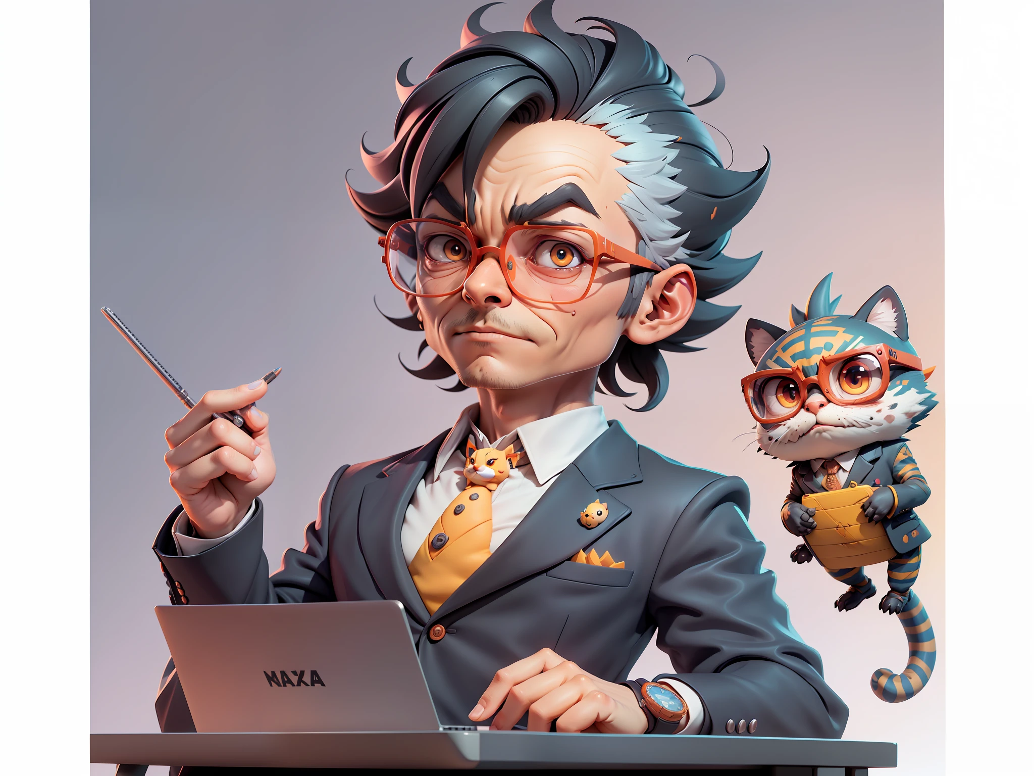 A young man in a suit, Short hair and glasses sat at his desk，holding laptop，digitial painting，tigre，3D character design by Mark Clairen and Pixar and Hayao Miyazaki and Akira Toriyama，4K HD illustration，Very detailed facial features and cartoon-style visuals。