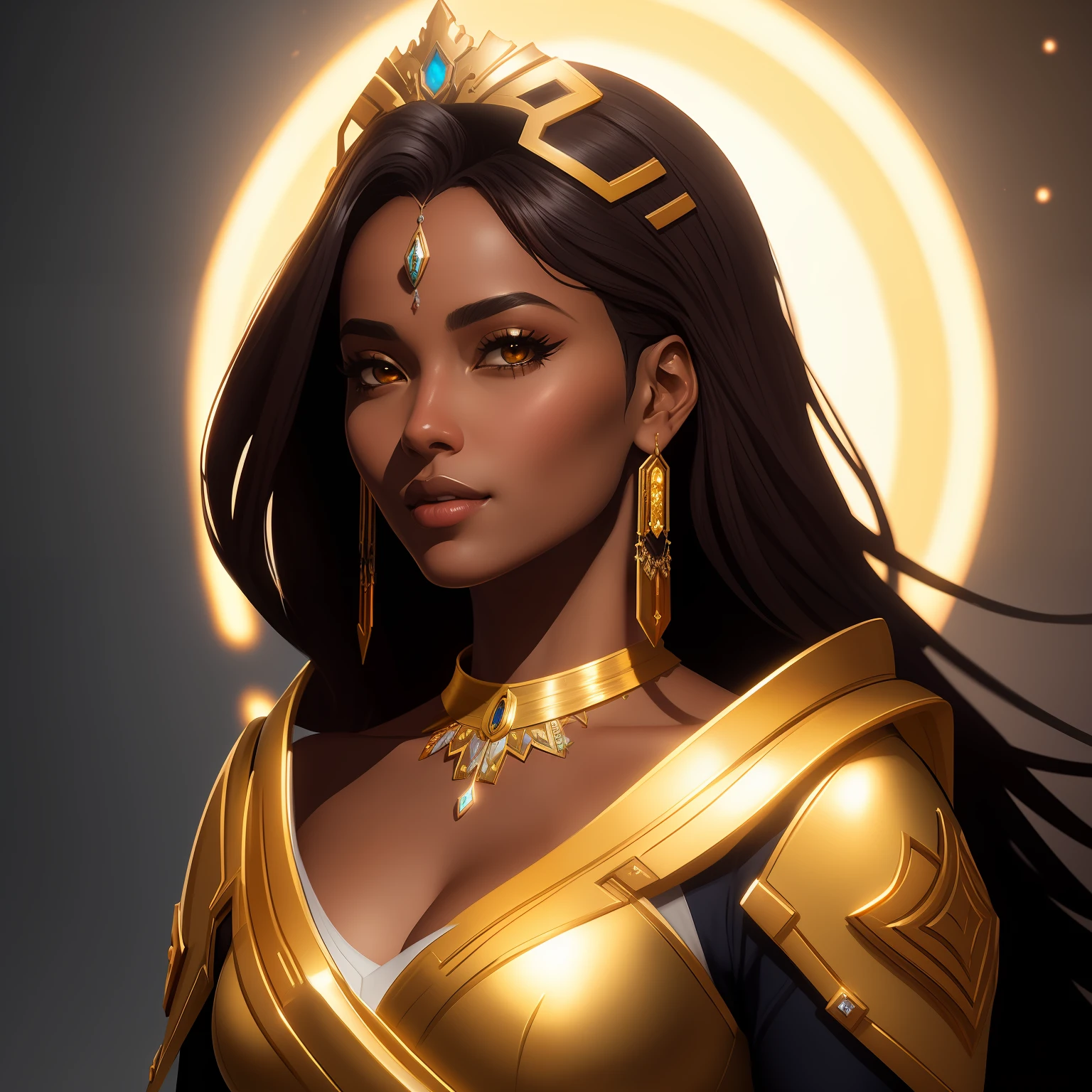 Mercy overwatch, Beautiful portrait of a gorgeous Black African Princess, beautiful black princess, round shaped face, round button nose, glowing black glass skin, sparkling hazel brown eyes, highlighted chestnut brown long straight hair, adorned in intricate golden jewelry, confident half smile, smirk, no face painting, dramatic crisp sharp lighting, intricate, wild, exotic beauty, highly detailed, digital painting, artstation, concept art, smooth, sharp focus, illustration, art by artgerm and greg rutkowski and alphonse mucha, footage from space camera