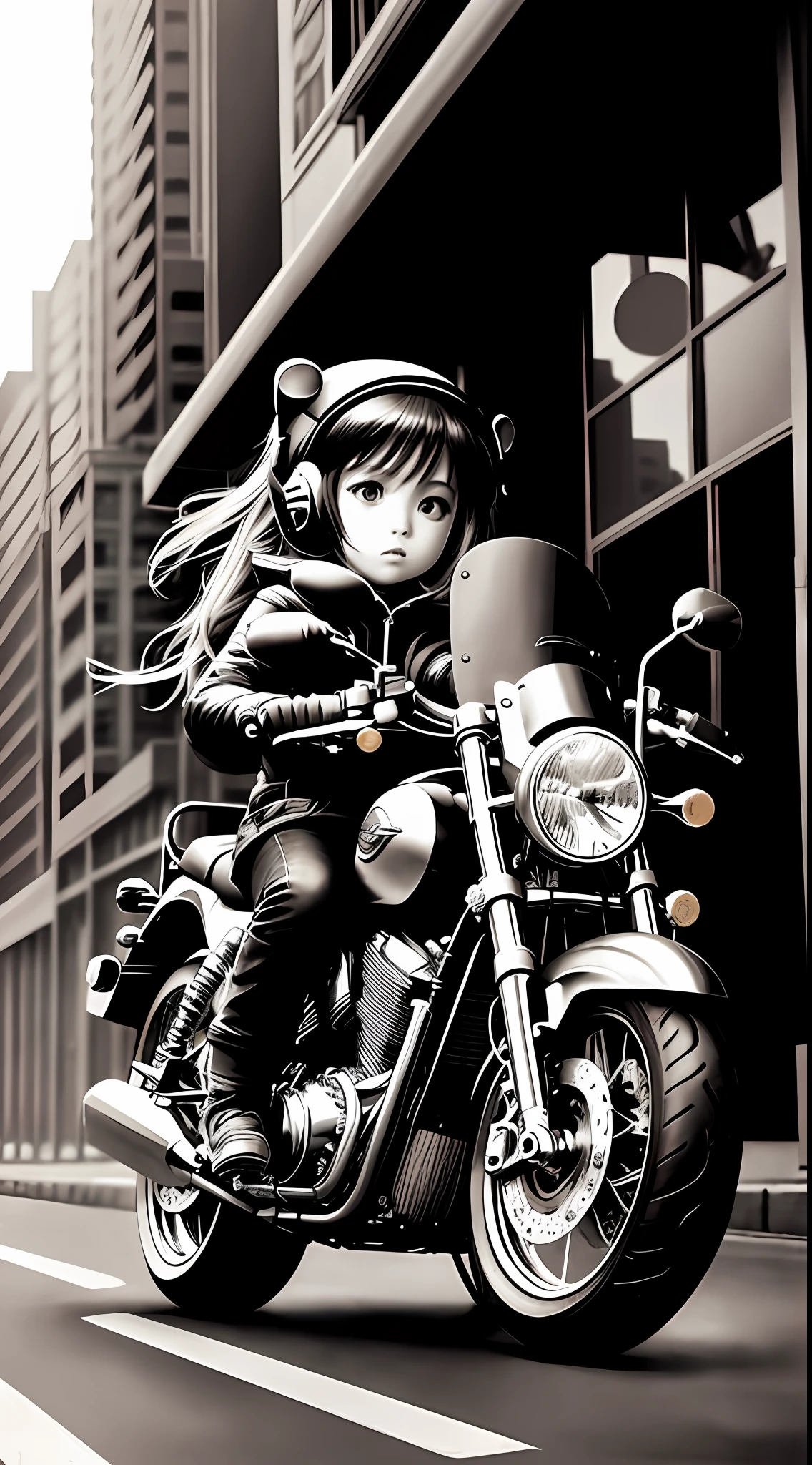 1 girl 5 year old drive motorcycle, character, Chibi style, real, art, explosion, beautiful, realistic, masterpieces, top quality, best quality, official art, beautiful and aesthetic, charocal: 1.5, sketch: 1.5, illustration painting, manga, pencil drawing, grayscale, durer-style: 0.5, street, speed, cybercity, wide-angle lens