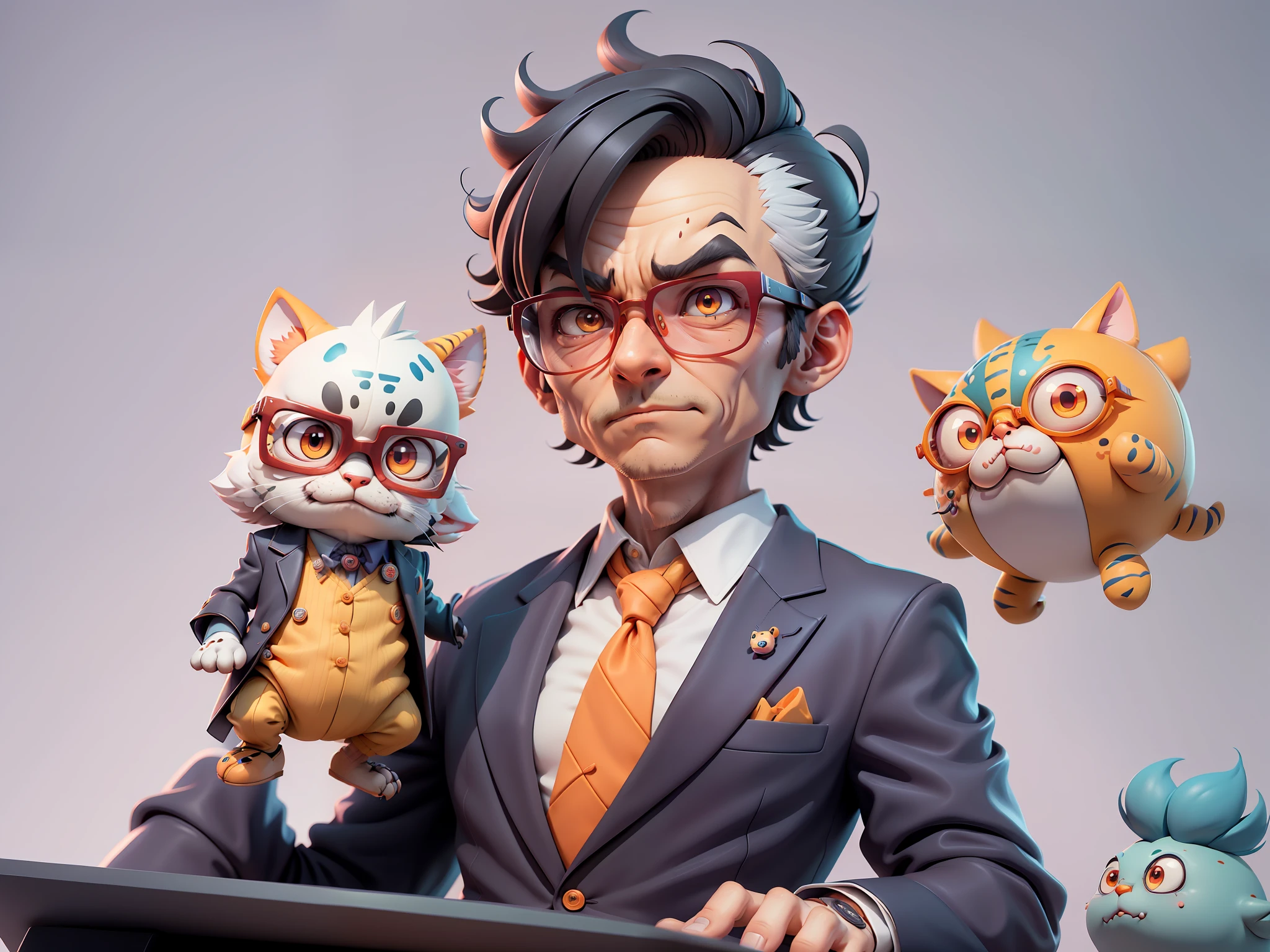 A young man in a suit, Short hair and glasses sat at his desk,holding laptop,digitial painting,tigre,3D character design by Mark Clairen and Pixar and Hayao Miyazaki and Akira Toriyama,4K HD illustration,Very detailed facial features and cartoon-style visuals。