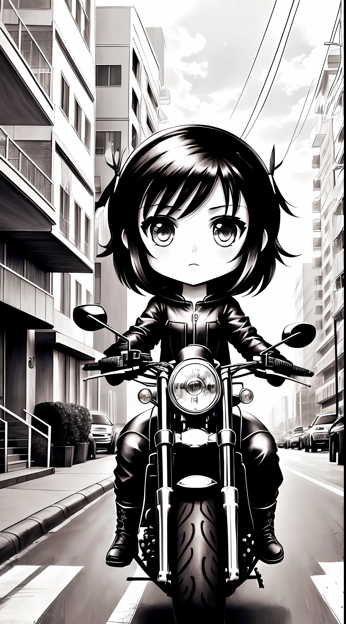 1 girl 5 year old drive motorcycle, character, Chibi style, real, art, explosion, beautiful, realistic, masterpieces, top quality, best quality, official art, beautiful and aesthetic, charocal: 1.5, sketch: 1.5, illustration painting, manga, pencil drawing, grayscale, durer-style: 0.5, street, speed, cybercity, wide-angle lens