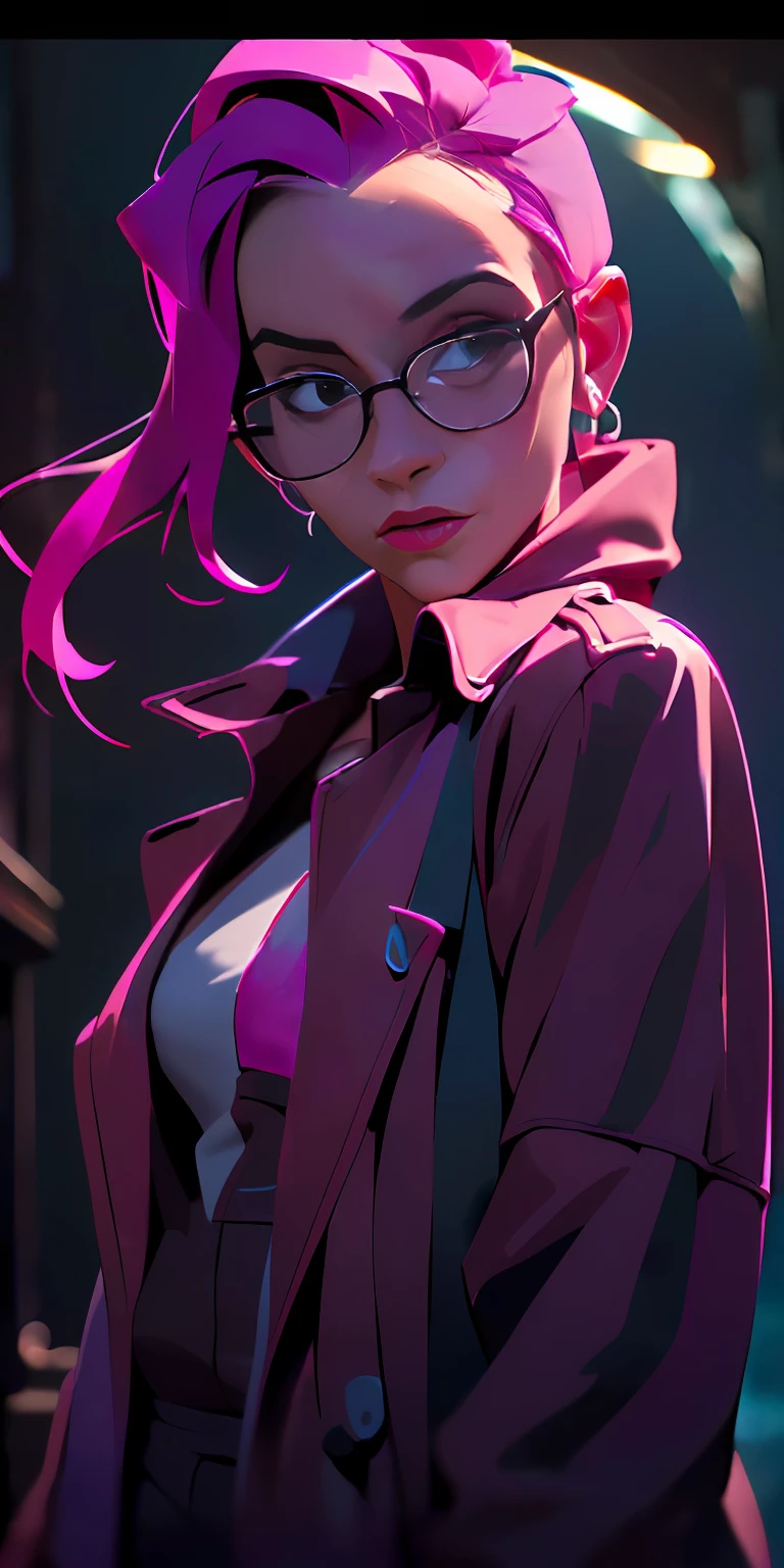 (Character: one french woman, pink shaved sides haircut )
(Clothing: pink trench coat, black shirt, glasses)
(Background: dark alley at night:1.3, intense urban lights in background) 
(Style: ((masterpiece:1.5)), (face detailed), photo-realistic:1.3, hyperrealistic, film grain, realistic lighting, backlighting:1.3)