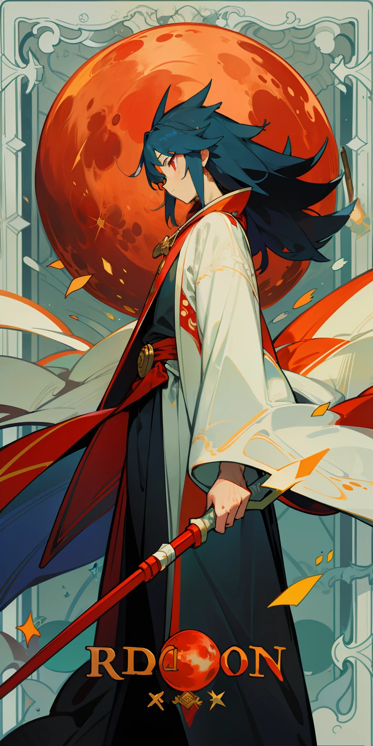 Red Moon，magnificent robe，holding a staff