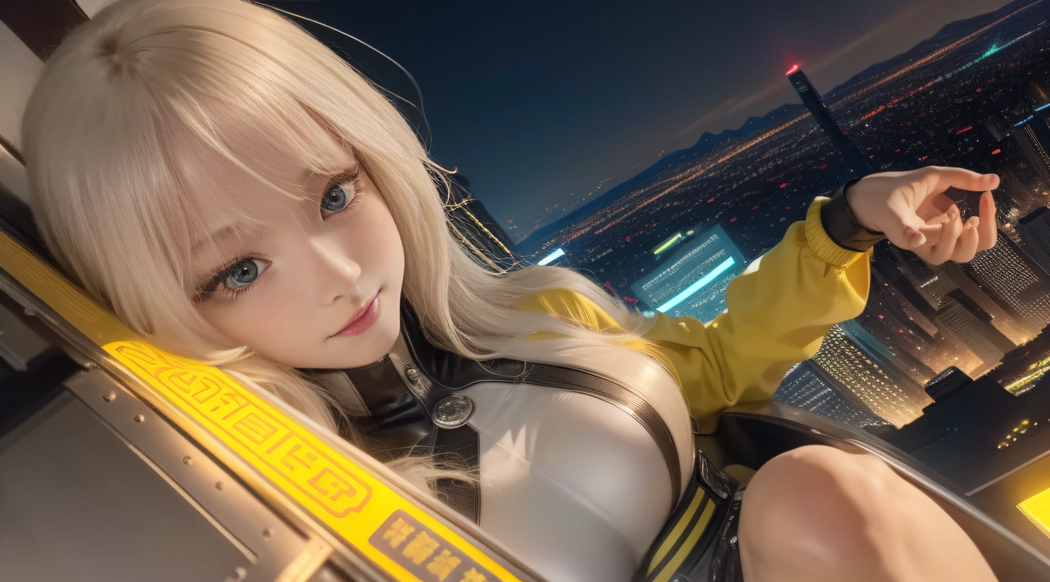 best qualtiy，超高分辨率，ultra - detailed，incredibily detailed，Top view of the roof at night，A heroic woman，Gray and yellow hair，The background is skyscrapers and neon lights in all directions，Real model photos