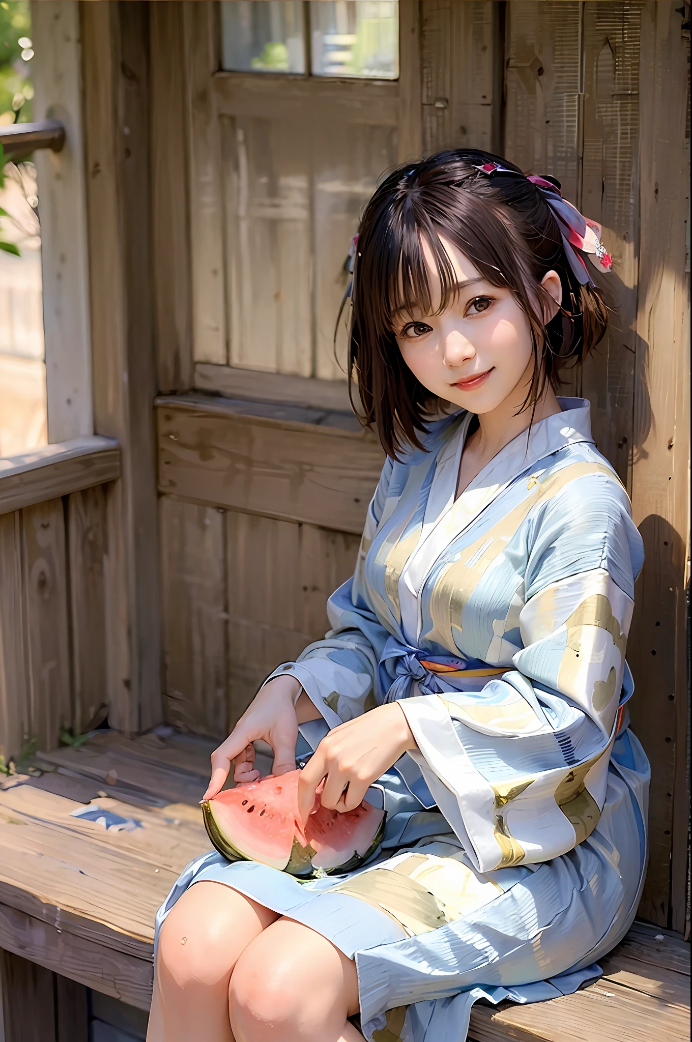 1 girl、((masterpiece:1.5))、((maximum quality、Realstic))、half up、1girl、Japan houses、Pale white yukata、Morning glory handle、Sitting on the porch、water melon、Sorrisos、extremely detailed,smile