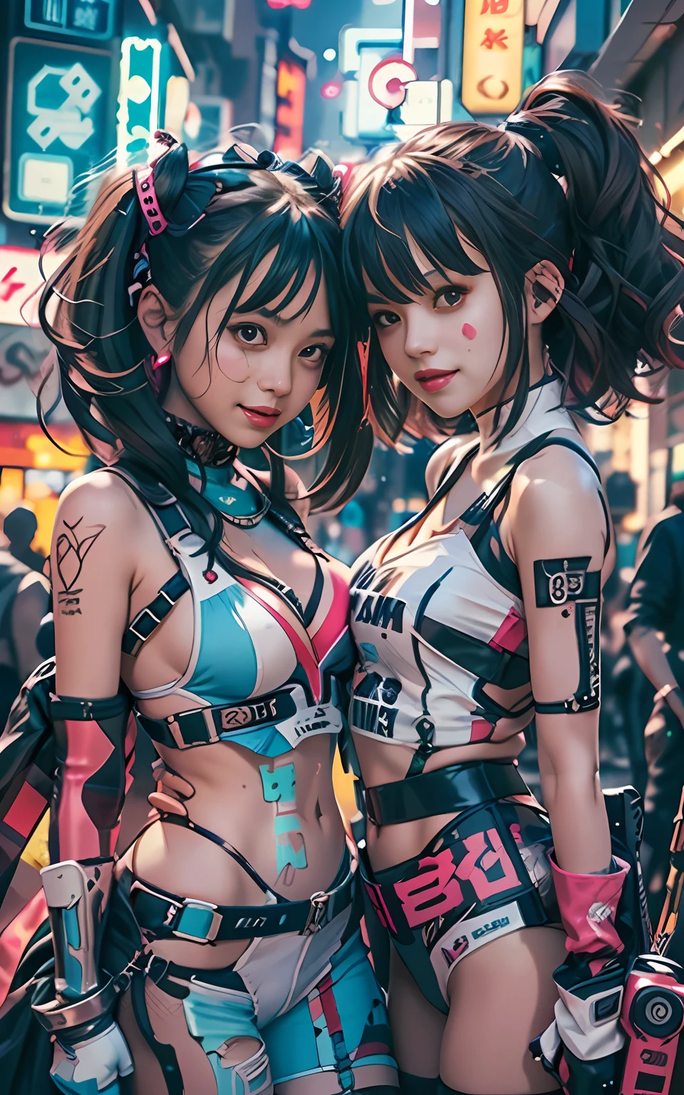 masutepiece, Best Quality, 2 ((Smiling)) Cyberpunk Girls Standing Together, Harajuku-inspired cyberpunk body harness, Bold colors and patterns, Eye-catching accessories, Trendy and innovative hairstyles, Dazzling cyberpunk cityscape, Skyscrapers, neon signs, led lights, Bright and vivid color scheme, Anime, Illustration, Detailed skin texture, Detailed Cloth Texture, beautifull detailed face, Intricate details, ultra-detailliert, Cinematic lighting, darker shadows.