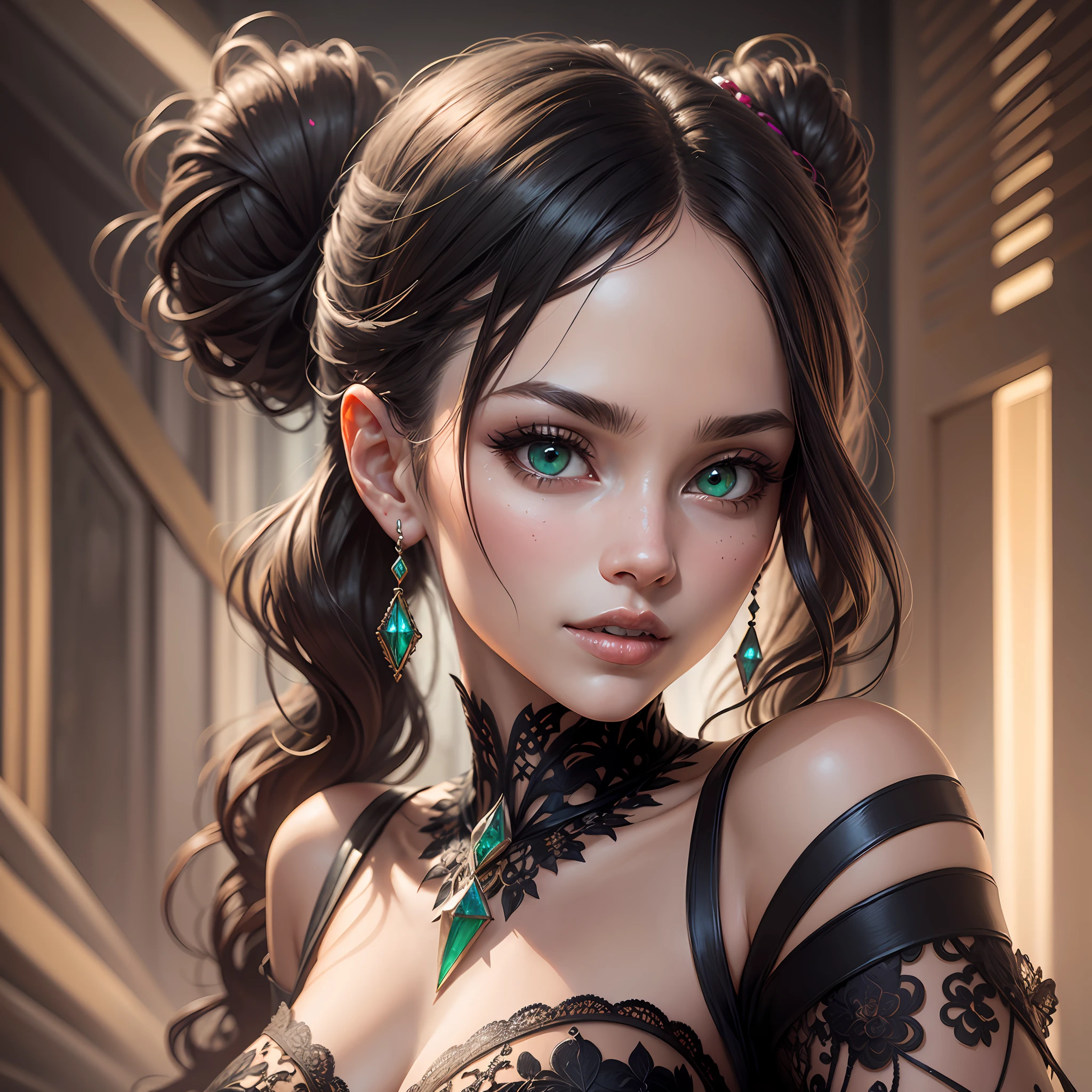 Masterpiece, beautiful mafia woman, round face, round forehead, hair tightly pulled back in a bun, ultra detail, flirty, perfect focus, gorgeous, decolletage, black french lace, jewelery, black silk string, luxurious environment, hyper detailed painting, ultra complex, head and shoulders portrait, 32k resolution concept art, unreal engine 5.2, global illumination, detailed and intricate environment, epic, portrait, beautiful green eyes, gorgeous, hyper detailed, female, sharp focus, symmetry, painted, intricate, volumetric lighting, beautiful, rich deep colors masterpiece, sharp focus, ultra detailed, centered, symmetry, painted, intricate, volumetric lighting, beautiful, rich deep colors masterpiece, sharp focus, ultra detailed textures, hyper detailed raytracing technology, raytracing lights, (raytracing reflections), MSA x16, natural skin, flirty mimic, perfect beautiful eyes, perfect teeth, extravagant cute creative very detailed dress, piercing, ultra realistic creative make up, ultra detailed textures, perfect focused, more complimentary colors --auto --s2