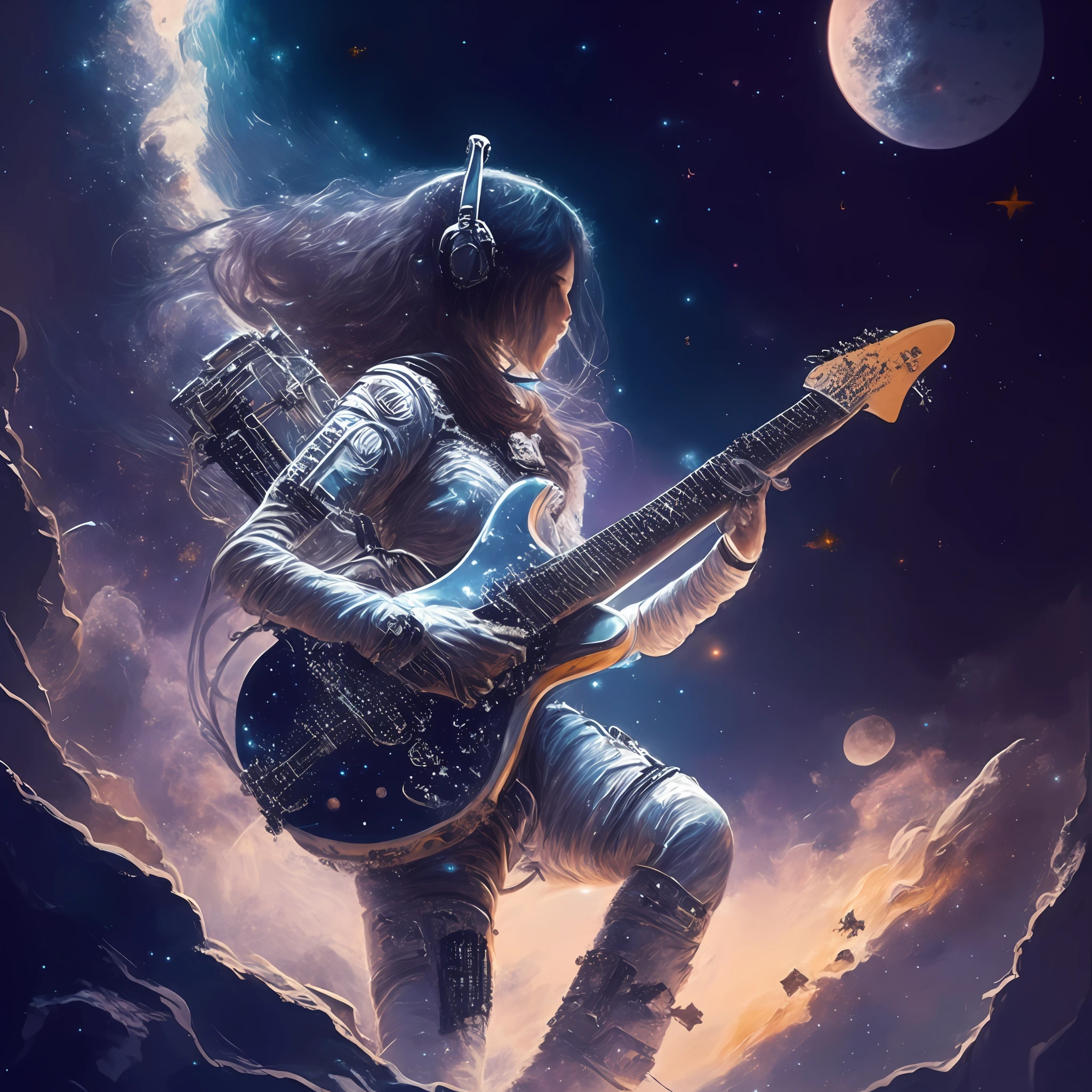 Painting of a woman playing a guitar in the sky with a full moon, 8 0's estilo tomasz alen kopera, girl in space, Inspirado em Tomasz Alen Kopera, Guilherme H. Pongiluppi, guitarrista, Jen Bartel, arte conceitual da guitarra, an alien musician lost in space, fantasy space, les edwards poster art