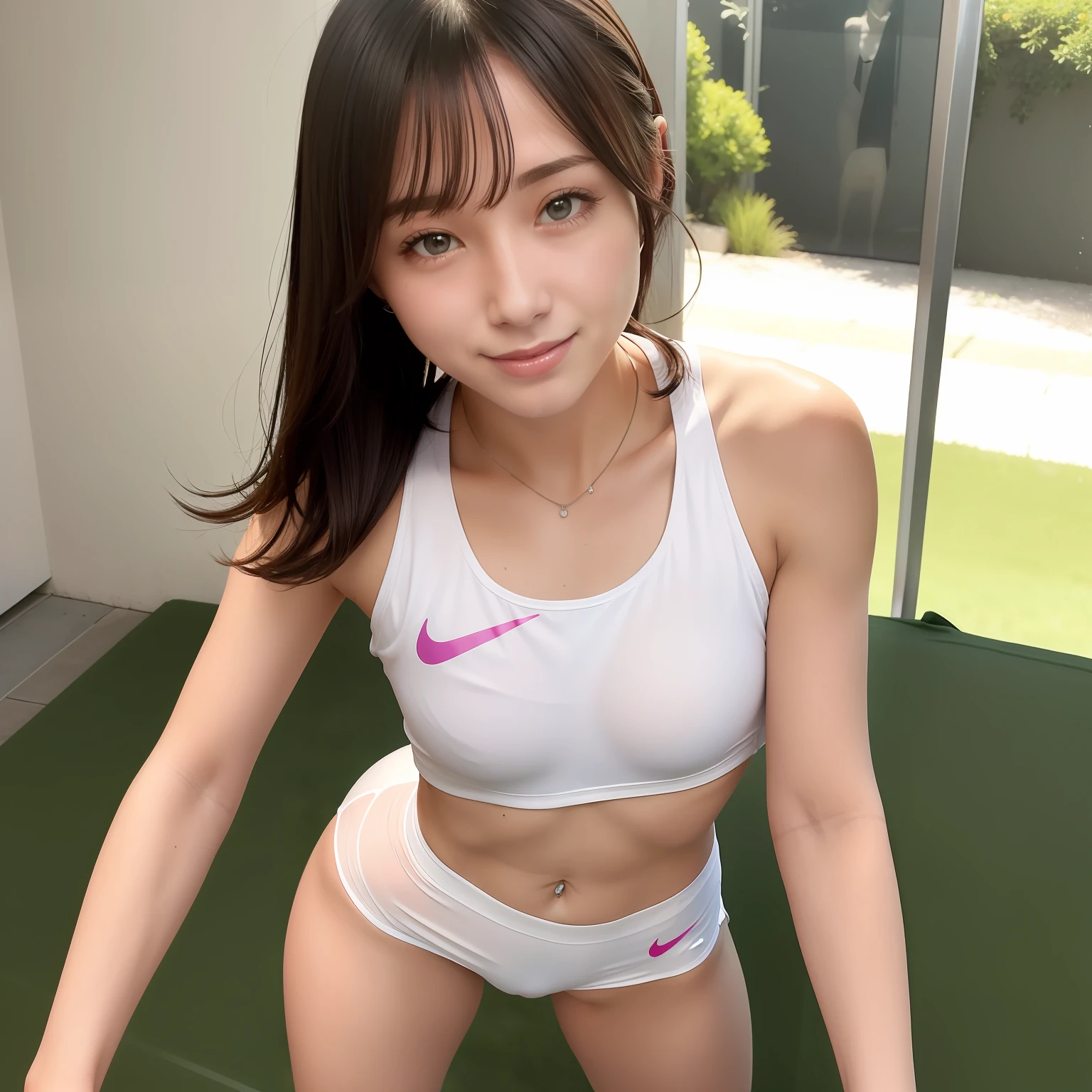 Realistic athlete woman ssmile short-cut Nike Separate Athletic Wear Nipples are wet and see-through Small breasts are clearly visible Clothes that dig into the crotch sexy pose Delicate figure sun burn
