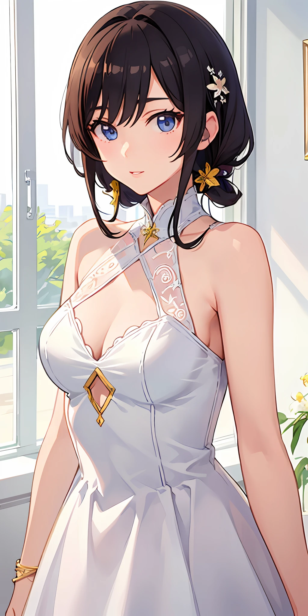 ((masterpiece,best quality)),1girl,solo, hoshino ai,
ultra detailed eyes, upper body, white dress, bare shoulders,