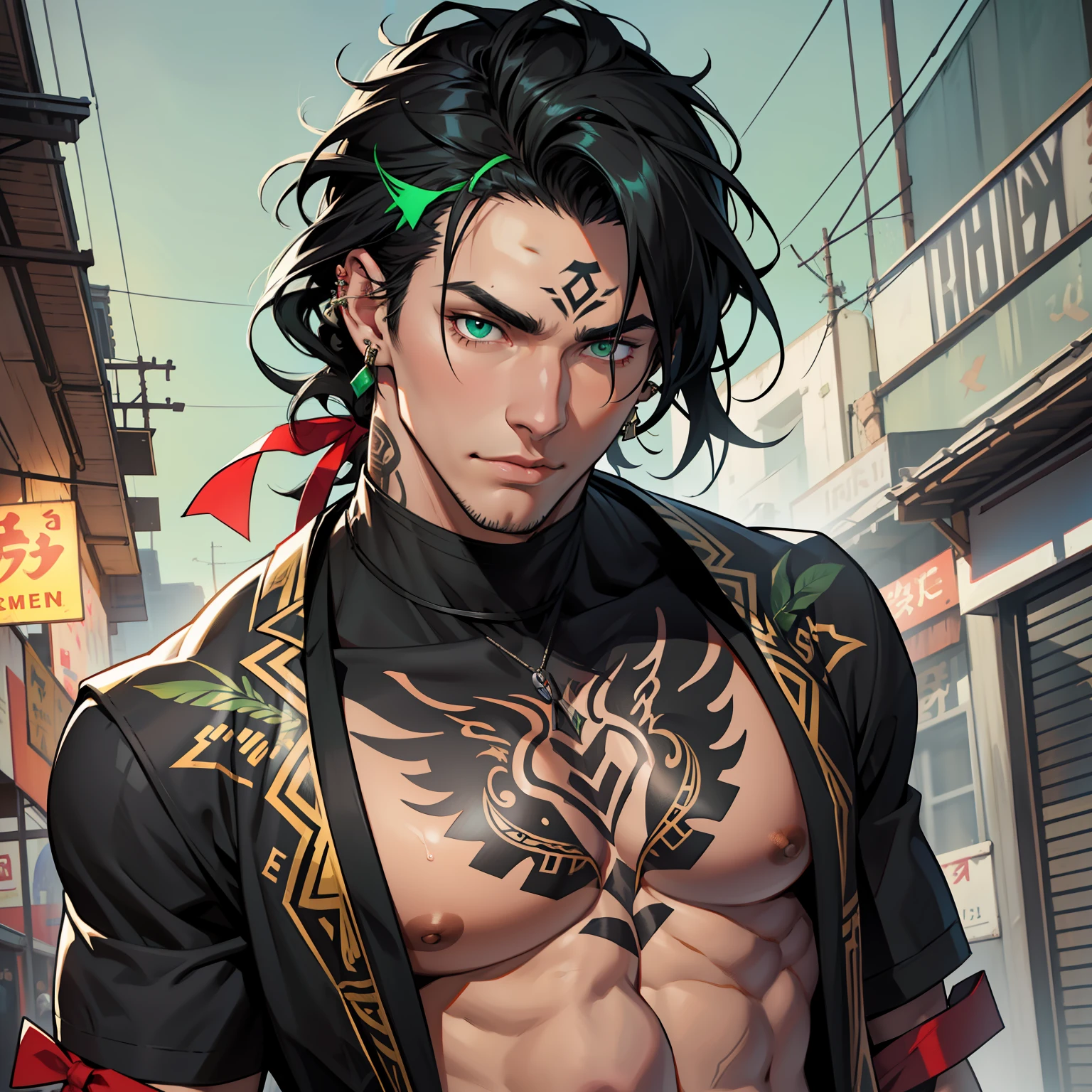 I have jet black hair that flows past my shoulders. It is usually tied behind me on top of my head with a red ribbon. My eyes are emerald green. My skin is the colour of honey, and I stand at just over six foot tall. Handsome male, bara. Casual clothing. Piercings. Tattoos