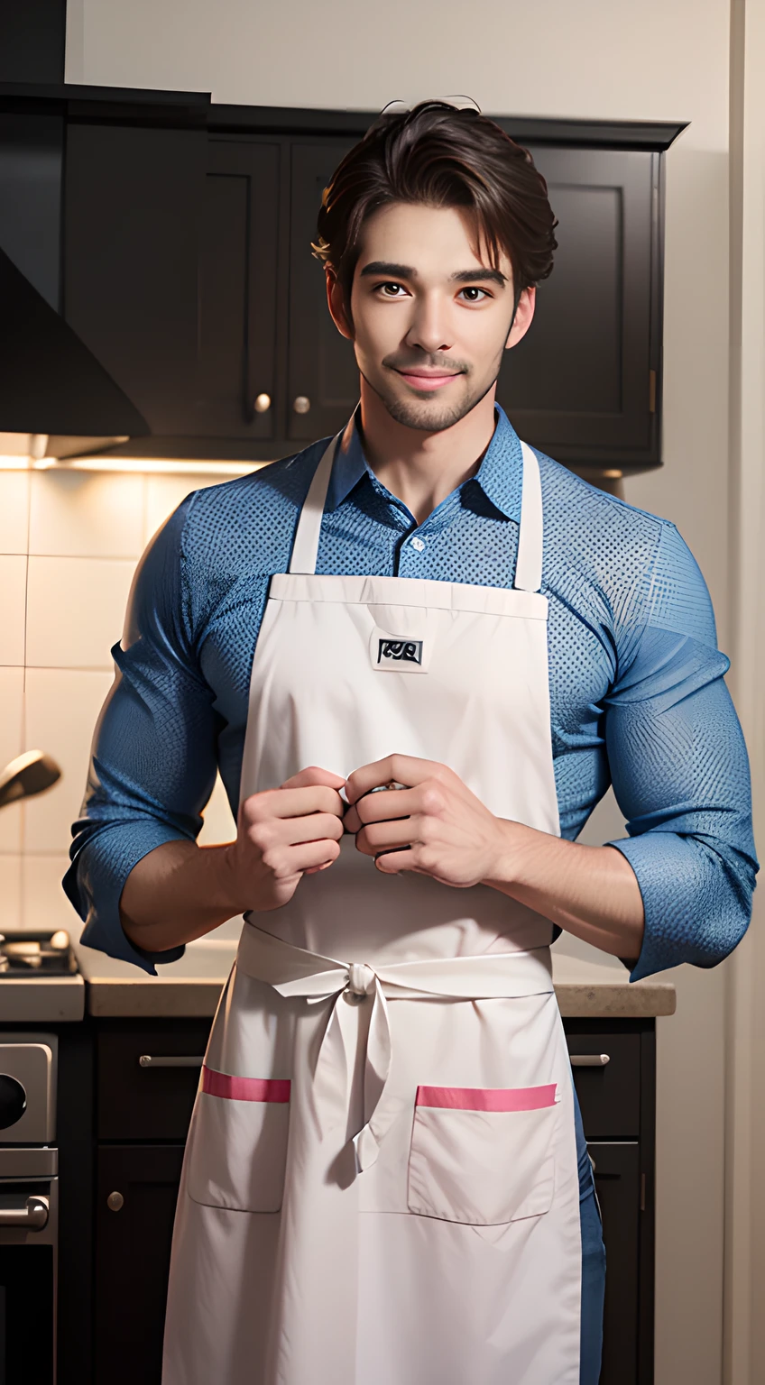 ((Men only)), (Cowboy Shot), (Handsome muscular man in pink apron in kitchen), Mischievous smile, (detaile: 1 in 1), Natural muscles, HIG quality, beautidful eyes, (Detailed face and eyes), (Face、: 1 / 2), Noise, Real Photographics、... .....................................................................................PSD, Sharp Focus, High resolution 8K, realisitic & Professional Photography, 8K UHD, Soft lighting, High quality, Film grain, FujifilmXT3