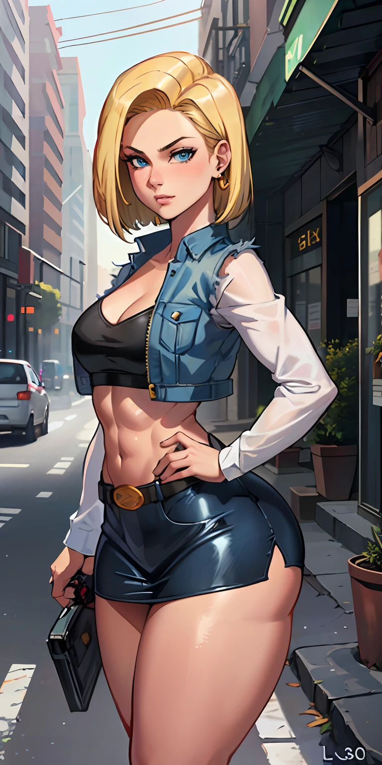 unparalleled masterpiece, ultra realistic 8k CG, perfect artwork, (1girl:1.1) , solo, ((perfect female figure)), (nsfw), looking at viewer, mature female, bimbo (android 18) standing, (teasing), best quality:1.1 , seductive posture, sexy pose, alluring, (beautiful), (curvy), (thick), blonde hair, (blue eyes:1.2), short hair, earrings, jewelry, denim vest, open vest, black pantyhose, black shirt, denim skirt, striped long sleeves, blue skirt, toned legs, fit, (abs:1.1), (big butt:1.4), peach ass, (athletic body:1.2), (large breasts:1.3, (big_breasts:1.1), wide_hips:1.5, narrow waist, small waist:1.5, slender body:1.2, thick thighs:1.3), (shiny skin:1.2), (hdr), (street:1.2), Nikon D850 film stock photograph Kodak Portra 400 camera f1.6 lens, rich colors, lifelike texture, dramatic lighting, unreal engine, trending on ArtStation, by Gerald Brom, by Frank Frazetta, by Luis Royo, by Julie Bell, by Boris Vallejo