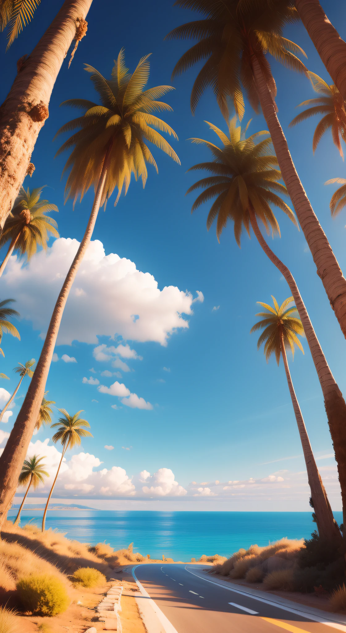 Curved black asphalt pavement,It is flanked by cypresses,The road leads to the glowing sea,The sky is blue,There are clouds and the sun,Ultra-clear picture quality,In the daytime
