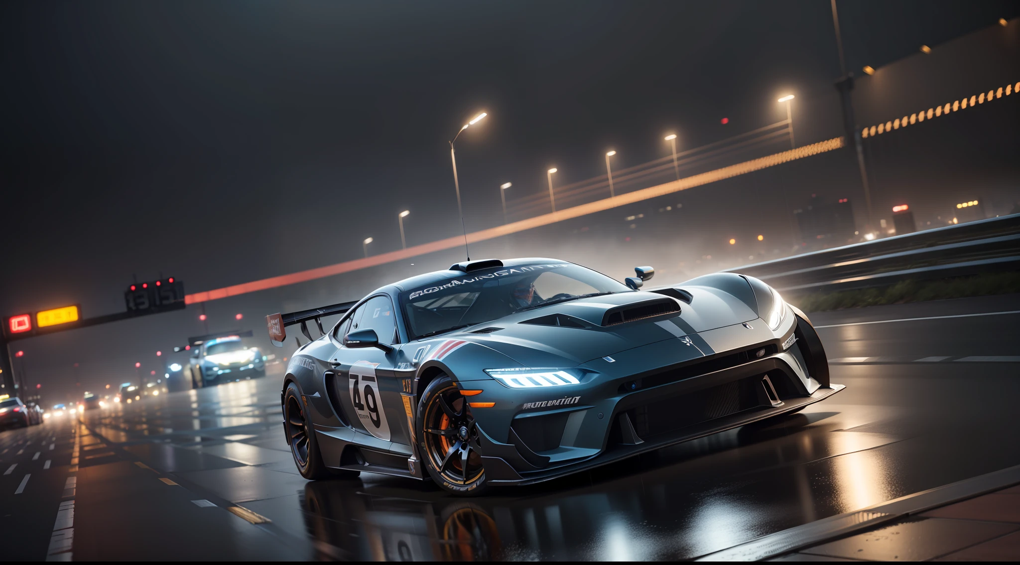 racer，Photorealistic rendering，4k画质，8K quality，rendering by octane，unreal engine rendered，Automotive design drawings，Racing blueprints，Draft industrial designs，Hand drawn design drawings，Cinema lenses，dynamic blur，Night drag racing，city road，Night racing，raining day