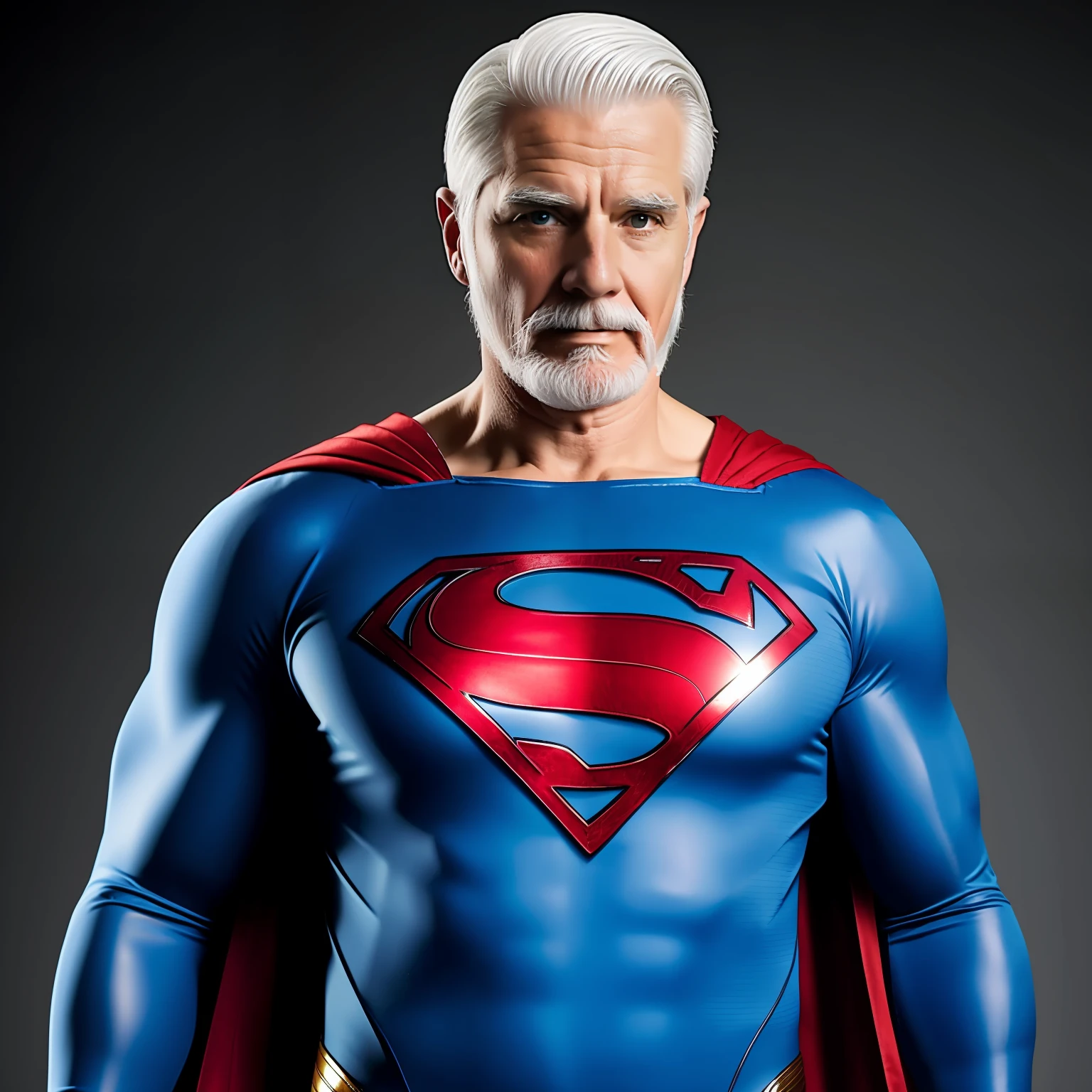 An old man with white hair wearing a standing Superman costume.