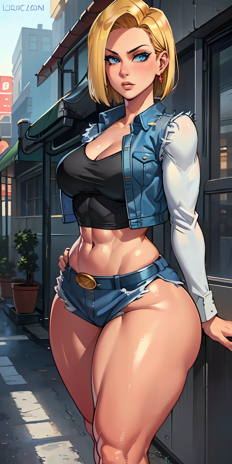 unparalleled masterpiece, ultra realistic 8k CG, perfect artwork, (1girl:1.1) , solo, ((perfect female figure)), (nsfw), looking at viewer, mature female, bimbo (android 18) standing, (teasing), best quality:1.1 , seductive posture, sexy pose, alluring, (beautiful), (curvy), (thick), blonde hair, (blue eyes:1.2), short hair, earrings, jewelry, denim vest, open vest, black pantyhose, black shirt, denim skirt, striped long sleeves, blue skirt, toned legs, fit, (abs:1.1), (big butt:1.4), peach ass, (athletic body:1.2), (large breasts:1.3, (big_breasts:1.1), wide_hips:1.5, narrow waist, small waist:1.5, slender body:1.2, thick thighs:1.3), (shiny skin:1.2), (hdr), (street:1.2), Nikon D850 film stock photograph Kodak Portra 400 camera f1.6 lens, rich colors, lifelike texture, dramatic lighting, unreal engine, trending on ArtStation, by Gerald Brom, by Frank Frazetta, by Luis Royo, by Julie Bell, by Boris Vallejo