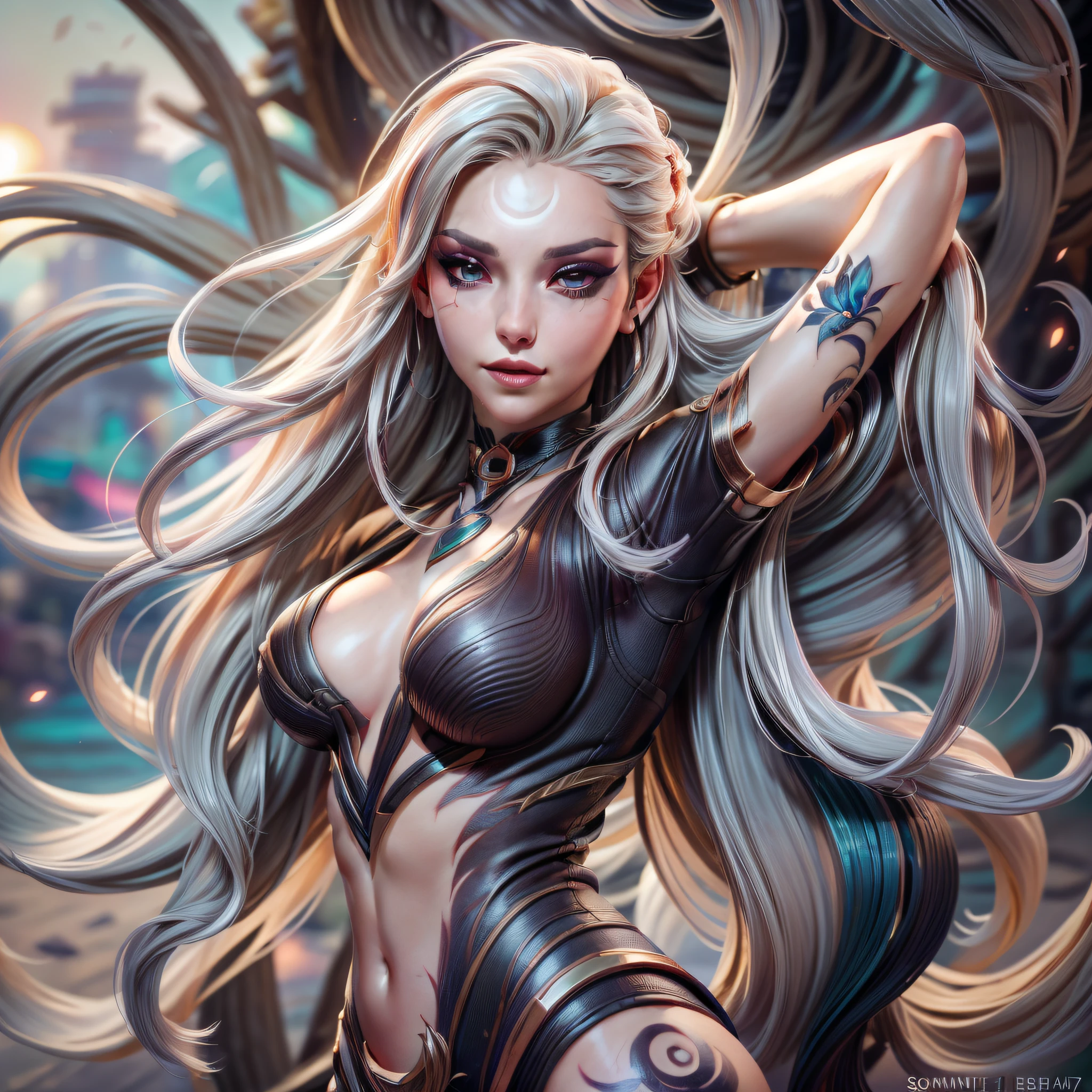 (masterpiece, high resolution, photorealistic: 1.4),
((arm up, fit, athletic, very long hair, posing, model, erotic, glamor model, erotic pose, choker, girl, tattoos, hair streaks, dyed hair, makeup, completely nude, beach, sunlight, day, )) , action, dynamic, adventure, motion blur,
large breasts, long hair, hair flower, bangs, happy, enjoying, shiny skin, fit, athletic, diana \(league of legends\), white hair,
(Sony Alpha a7R IV camera expertly used to capture this captivating moment: 1.2), (paired with a versatile Sony FE 24-70mm f/2.8 GM lens, ensuring every detail is beautifully captured:1.2), (her skin glowing under the light :1.2), (a breathtaking photo of a mesmerizing woman displaying her stunning beauty:1.2).
