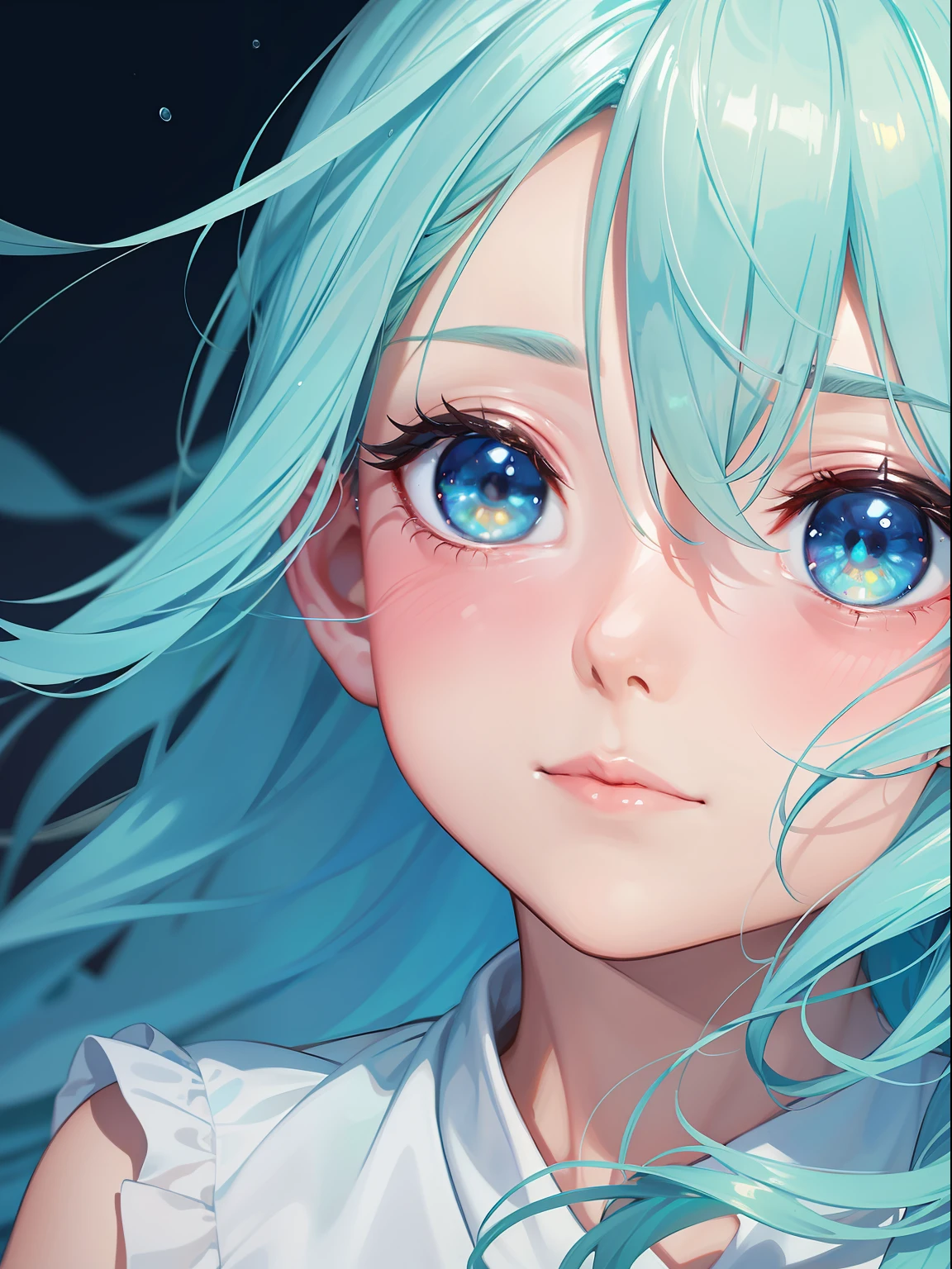 facial closeups,a cute boy and red fish,dream magical,watered eyes,Front view,makoto shinkai,under the water,In the style of Otomo Katsuhiro,Ao olhar para cima,red fish surreal the boy,Rendering style in realistic hyper-detail,with light glowing,amarelo,blue colors,Brush Ultra-realistic oil,Exaggerated perspective,Tyndall effect,water dripping,Mother-of-pearl iridescent,Holographic white,Green background