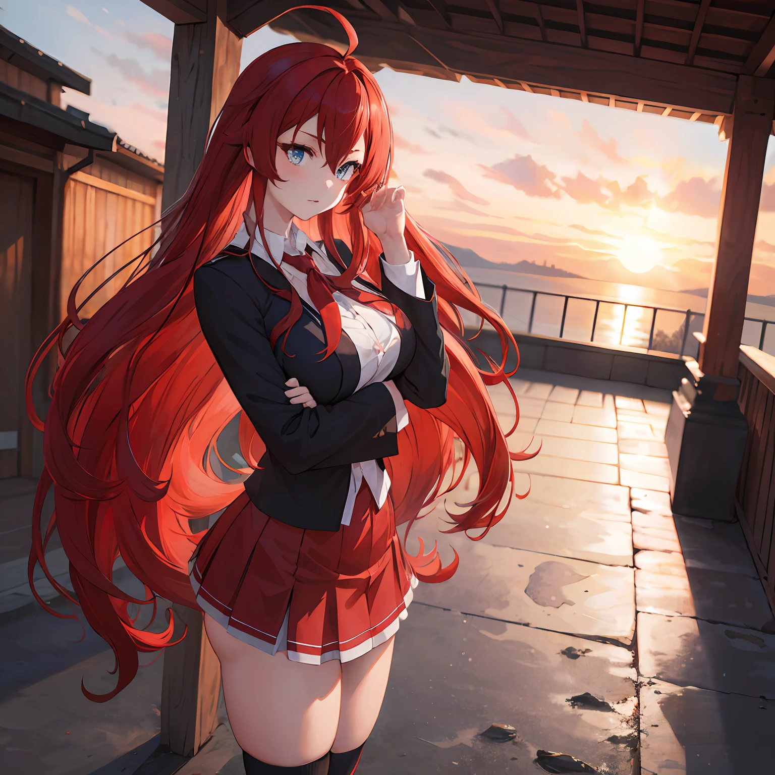 masterpiece, best quality, highres, best quality, highres, rias gremory, 1girl, long hair, school uniform, red hair, ahoge, blue eyes, large breasts, very long hair, breasts, skirt, huge ahoge, socks, standing, outdoors,