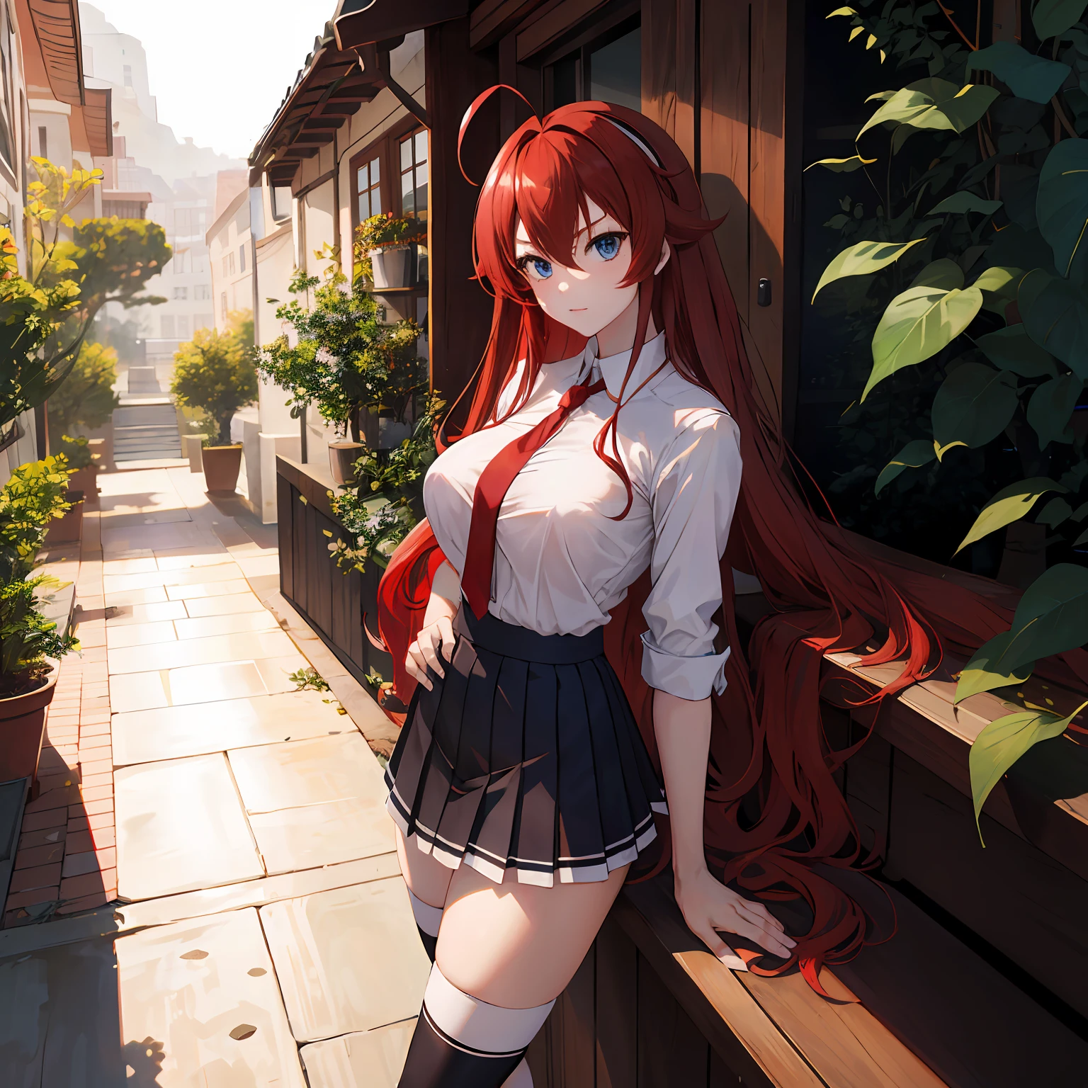 masterpiece, best quality, highres, best quality, highres, rias gremory, 1girl, long hair, school uniform, red hair, ahoge, blue eyes, large breasts, very long hair, breasts, skirt, huge ahoge, socks, standing, outdoors,