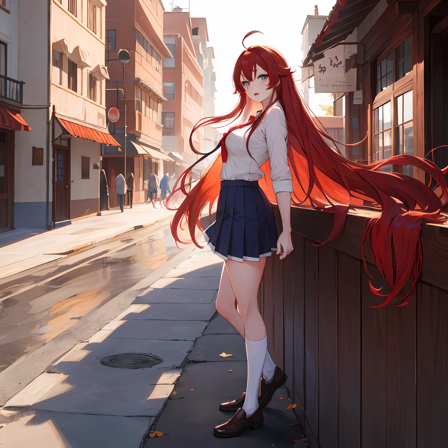 masterpiece, best quality, highres, best quality, highres, rias gremory, 1girl, long hair, school uniform, red hair, ahoge, blue eyes, large breasts, very long hair, breasts, skirt, huge ahoge, socks, standing, outdoors,