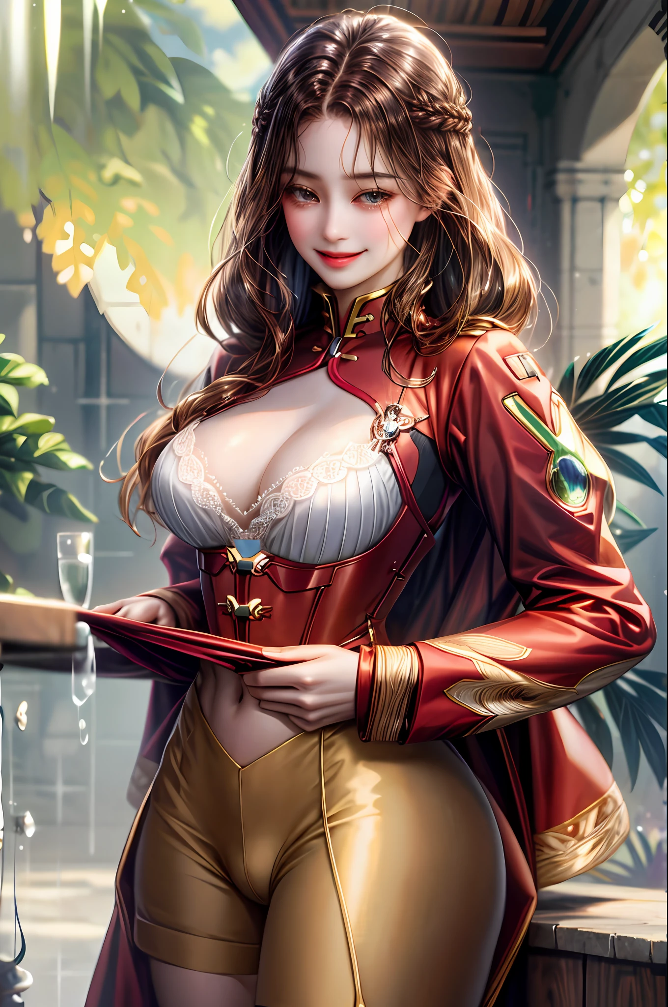 (absurderes,A high resolution,ultra - detailed),1girll,独奏,mature,(Very long hair,brunette color hair),Transparent Iron Man uniform,比基尼,cleavage,nakeness,obscenity,Emotive expressions,Smile,Pussy bulge,with no underpants,Expose the genitals,Protruding ,Bigchest,Cocked buttocks,Raised sexy,Colorful,Most detailed,The upper part of the body,exteriors,trpical garden