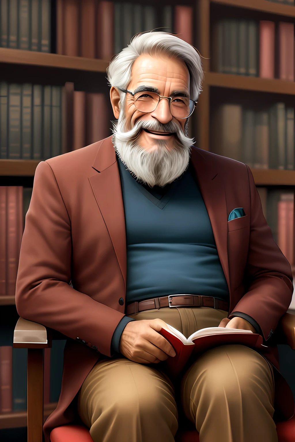 un hombre viejo con barba, sitting in a library facing the front and is happy