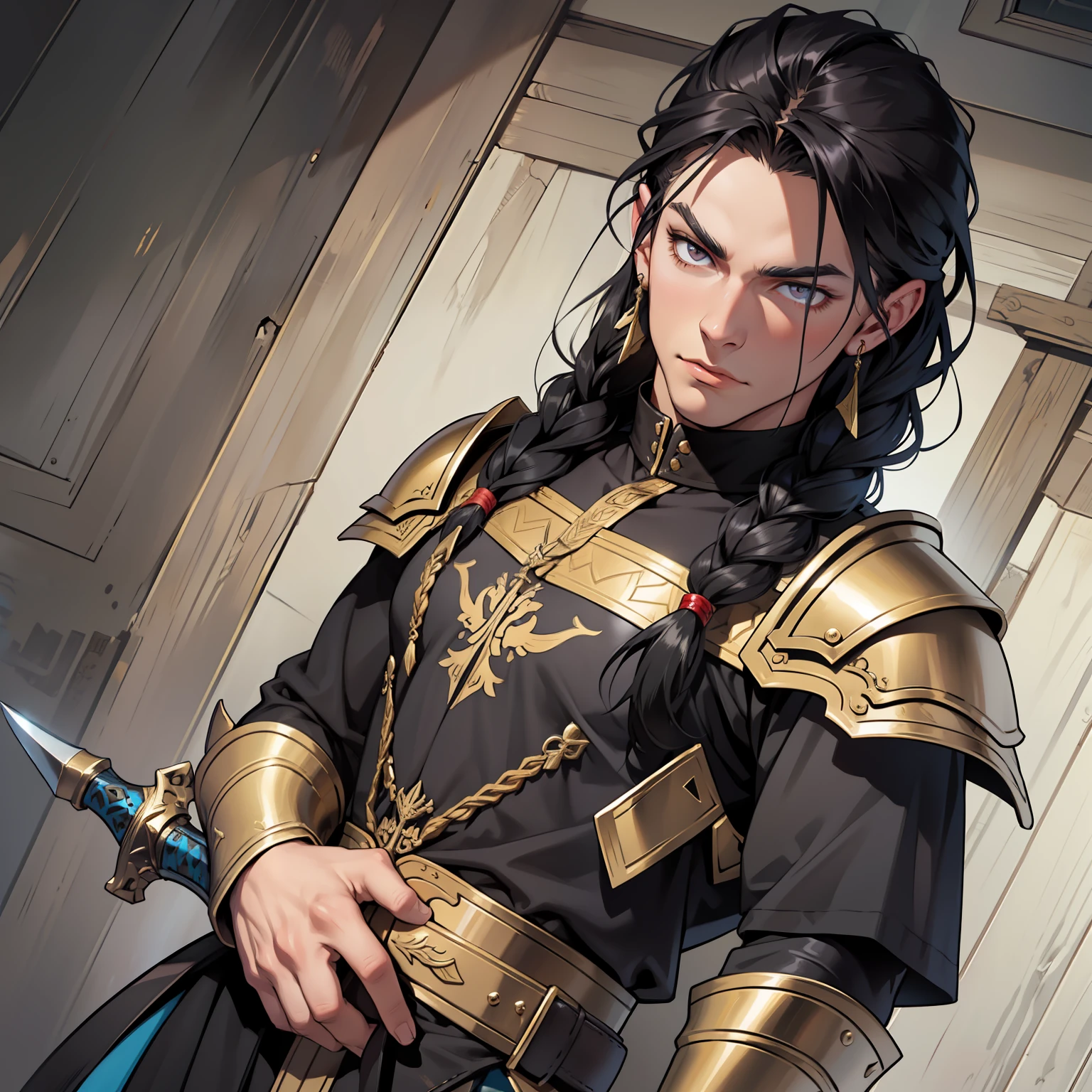 I present myself before you as a fine, young demon. I have a dark, handsome face, with wavy, black hair adorned with small silver braids. My eyes are a deep, vibrant gold. My attire consists of black leather armor, complemented with fine metal embellishments. In my left hand, I wield a deadly, two-handed sword. My right hand rests upon my hip, where my dagger is holstered.