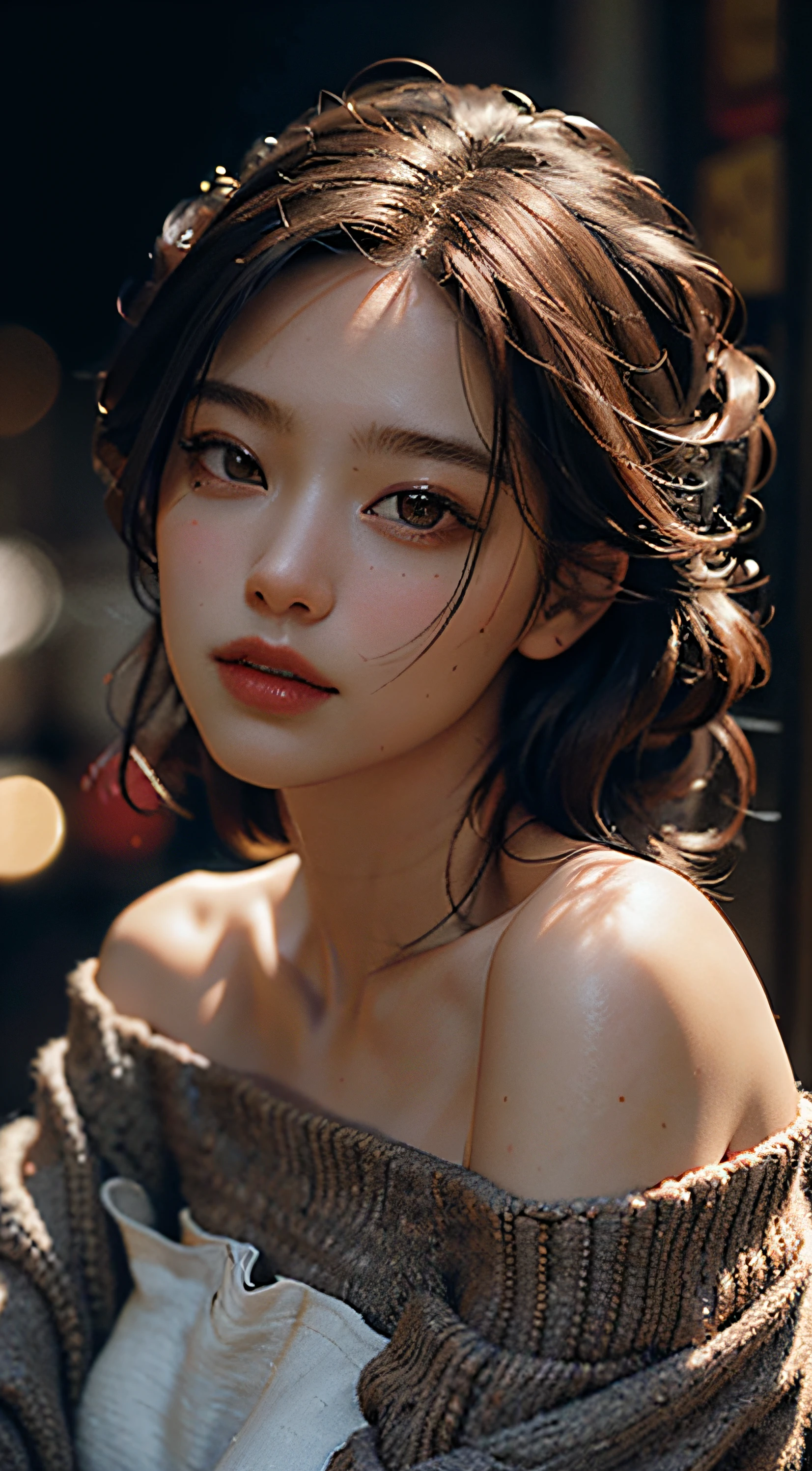 Best quality, masterpiece, ultra high res, (photorealistic:1.4), raw photo, 1girl, off shoulder, cinematic lighting