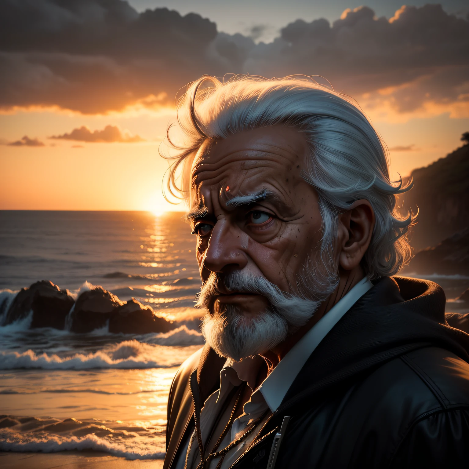 imagine um homem velho rico de olho fechado ao nascer do sol, triste, dramatic, Cinematic landscape, detalhado