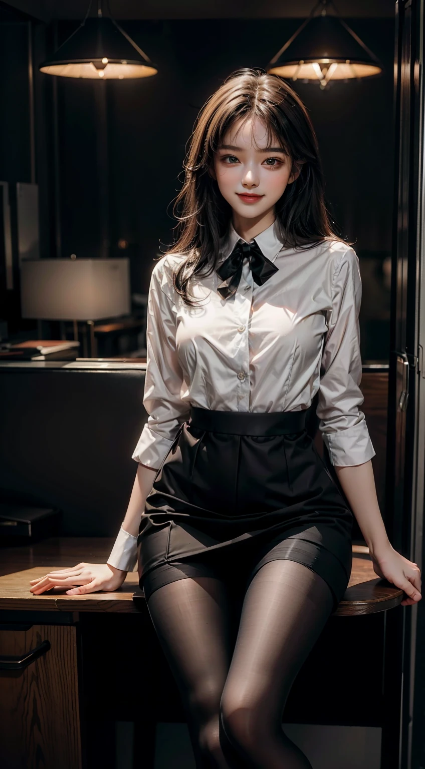 Best Quality, Full Body Portrait, Cinematic Texture Shots, Delicate Face, Beautiful Face, 20 Year Old Woman, Smiling, Slim Figure, Small Bust, OL Uniform, Office Wear, (Black Pantyhose), (No Panties), Interior Scene, Office, Seated