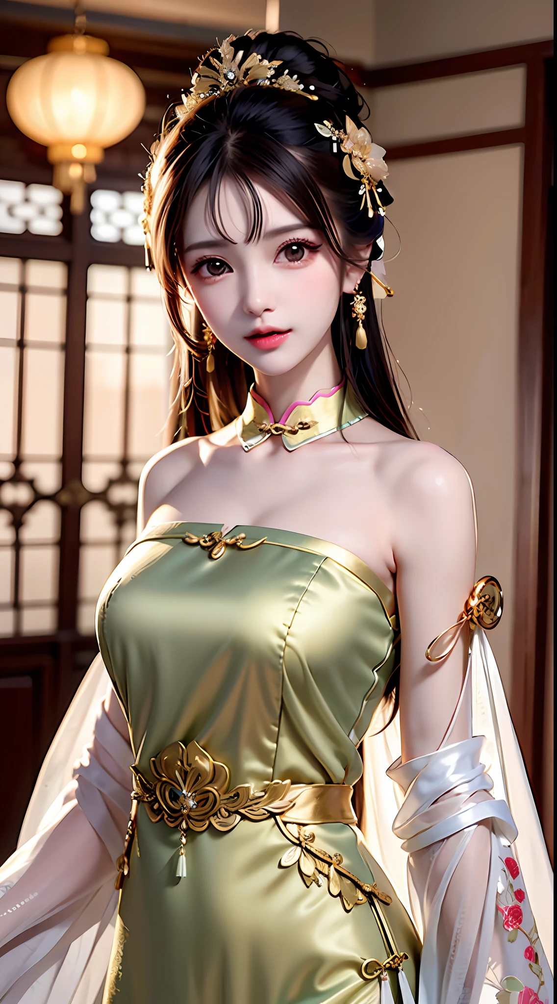 high detal,8K分辨率,超高分辨率,A young girl, A cute girl，short detailed hair，hair-bun，lipsticks，Tassel earrings，choker necklace，Black clear eyes，Smooth hair,鎖骨,Exquisite and perfect facial features, the most beautiful big eyes,Long eyelashes,The eyes are sweet and there are lying silkworms，dynamic angle,Extreme picture quality,Highest precision,Precise and perfect human anatomy，(((Professional Dress，Slim Republic of China cheongsam，Crimson gold embroidery)))，((sitted))，Warm scene，超高分辨率，Ultra-clear vintage black flowing hair，Delicate bun）By bangs，（Long flowing hair，With a bun:1.3）），Delicate collarbones，beautiful make up，Exquisite and perfect facial features，，Big watery eyes，Lying silkworm，Long eyelashes，The eyes are sweet and have eye shadow，Slim waist，