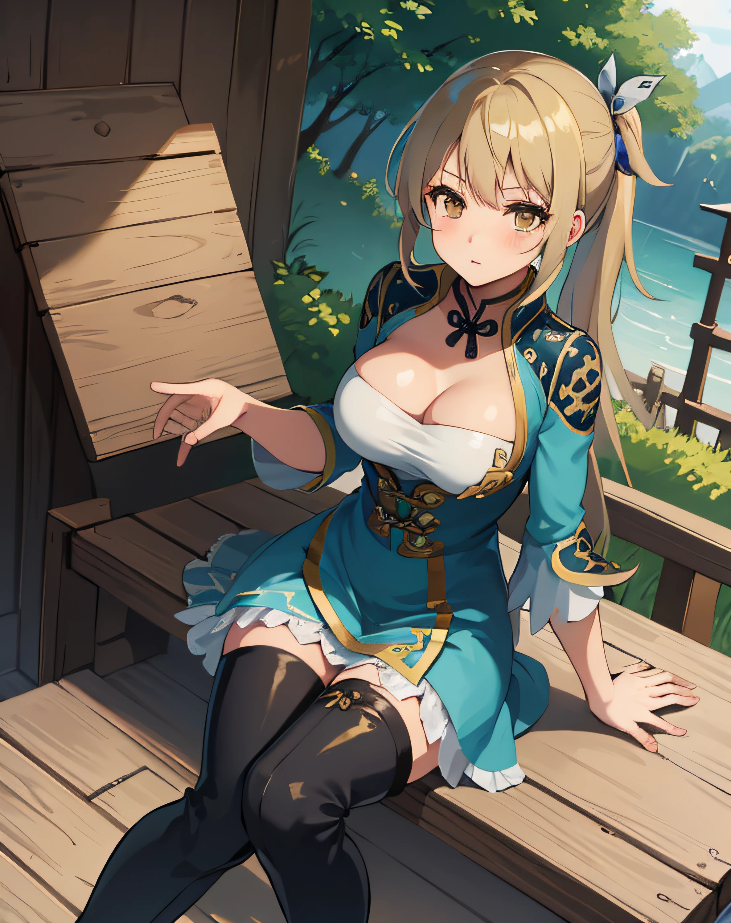 best quality, (masterpiece:1.2), illustration, absurdres,
(1girl, solo), (beautiful detailed girl), (cute:0.4),
Wang Yuanji, blonde hair, ponytail, brown eyes, large breasts,
aqua dress, ornate dress, cleavage, aqua skirt, black thigh boots, thighhigh boots, high heels,
blush, looking at viewer,
(chinese architecture background),
sitting, cowboy shot, full body,