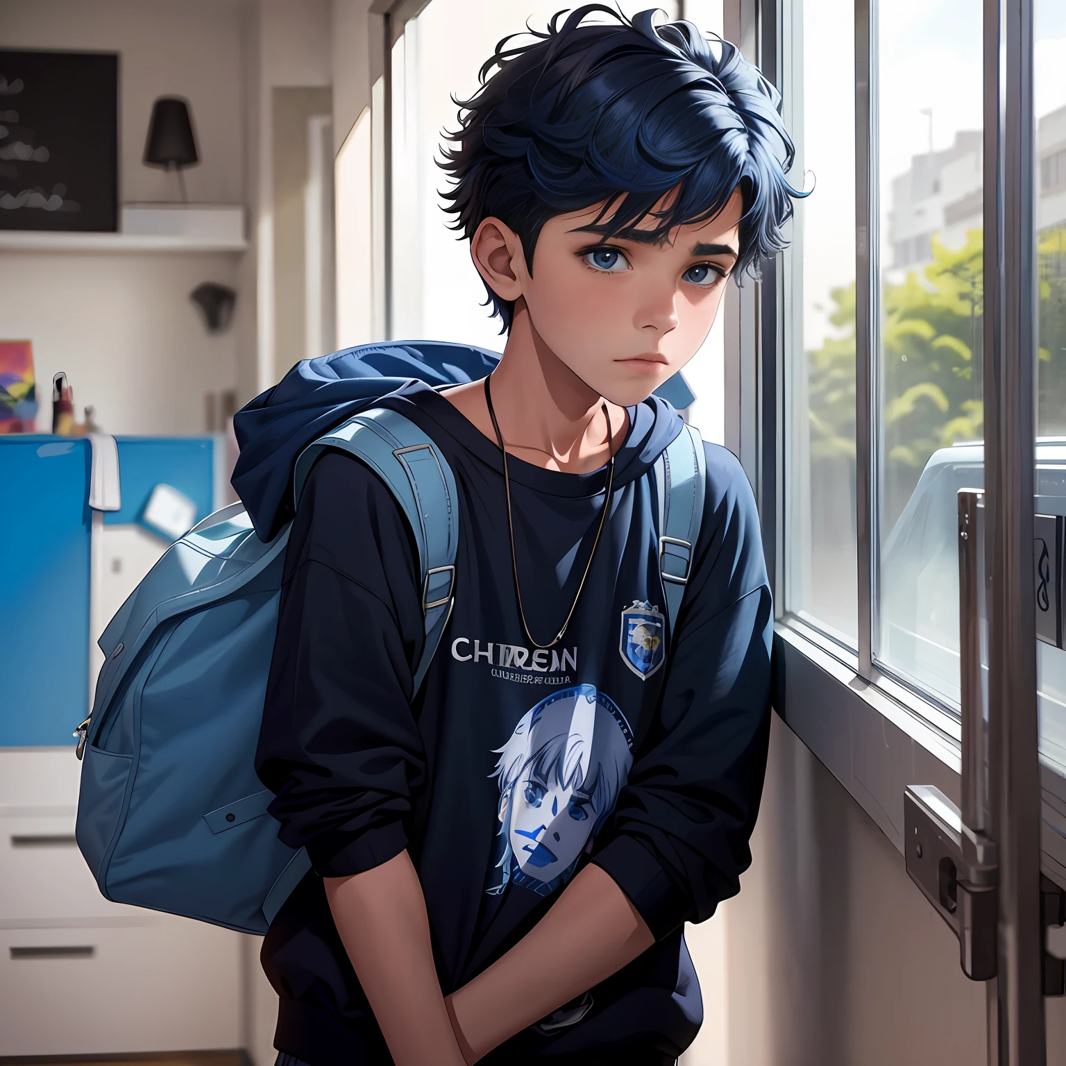 15-year-old male boy, su cabello es lacio y de color azul, esta de perfil obserba triste desde la zotea de un colegio internado una ciudad a lo lejos