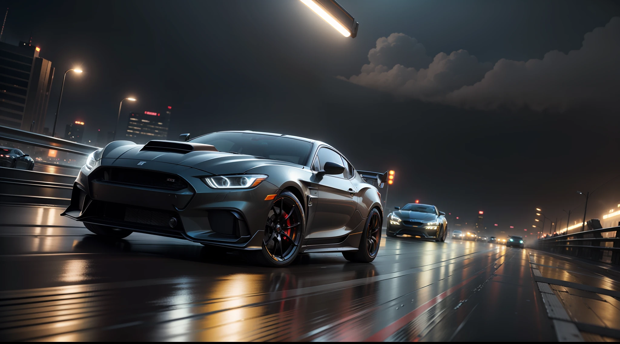 racer,Photorealistic rendering,4k画质,8K quality,rendering by octane,unreal engine rendered,Automotive design drawings,,Draft industrial designs,Hand drawn design drawings,Cinema lenses,High motion blur,Night drag racing,city road,Night racing,raining day,shootout,Pursuit battle,电影灯光,Car chase drama
