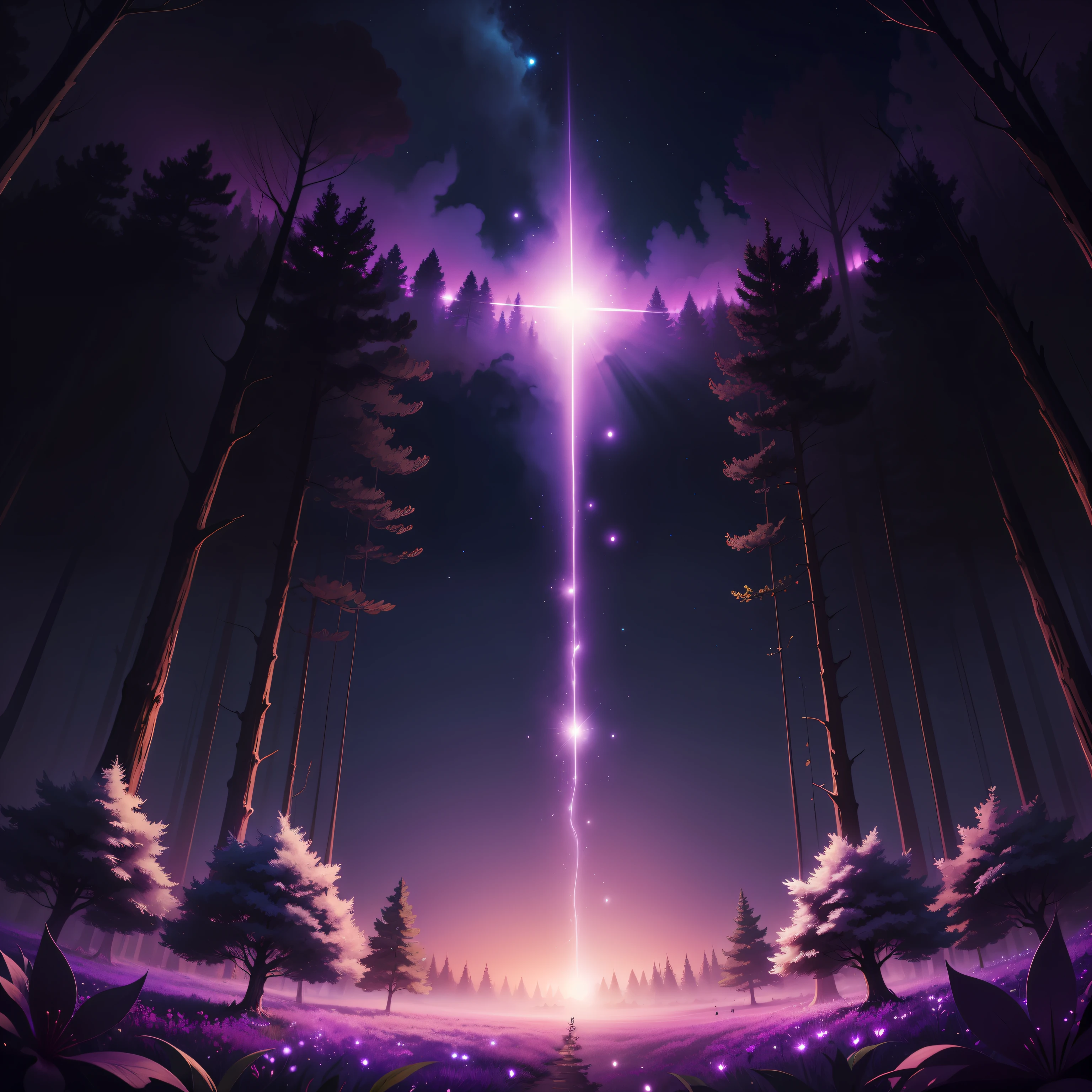 Purple is the main background image,The background is blurred and dreamy,Magic Forest,There are various flowers and trees,There are fireflies,the night,There is a starry sky,There are moons,Dreamy feeling,Can be a gradient,style cute,Vector art style