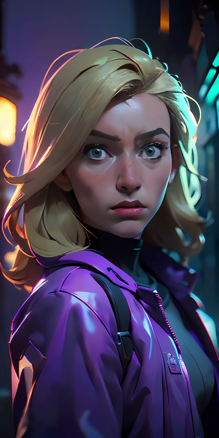 (Character: one russian woman, blonde long wave hair, hair, lean body, tall)
(Clothing:  purple jacket, futuristic jumpsuit, backpack,arm holster, knee pad)
(Background: dark alley at night:1.3, intense urban lights in background) 
(Style: ((masterpiece:1.5)), (face detailed), photo-realistic:1.3, hyperrealistic, film grain, realistic lighting, backlighting:1.3)