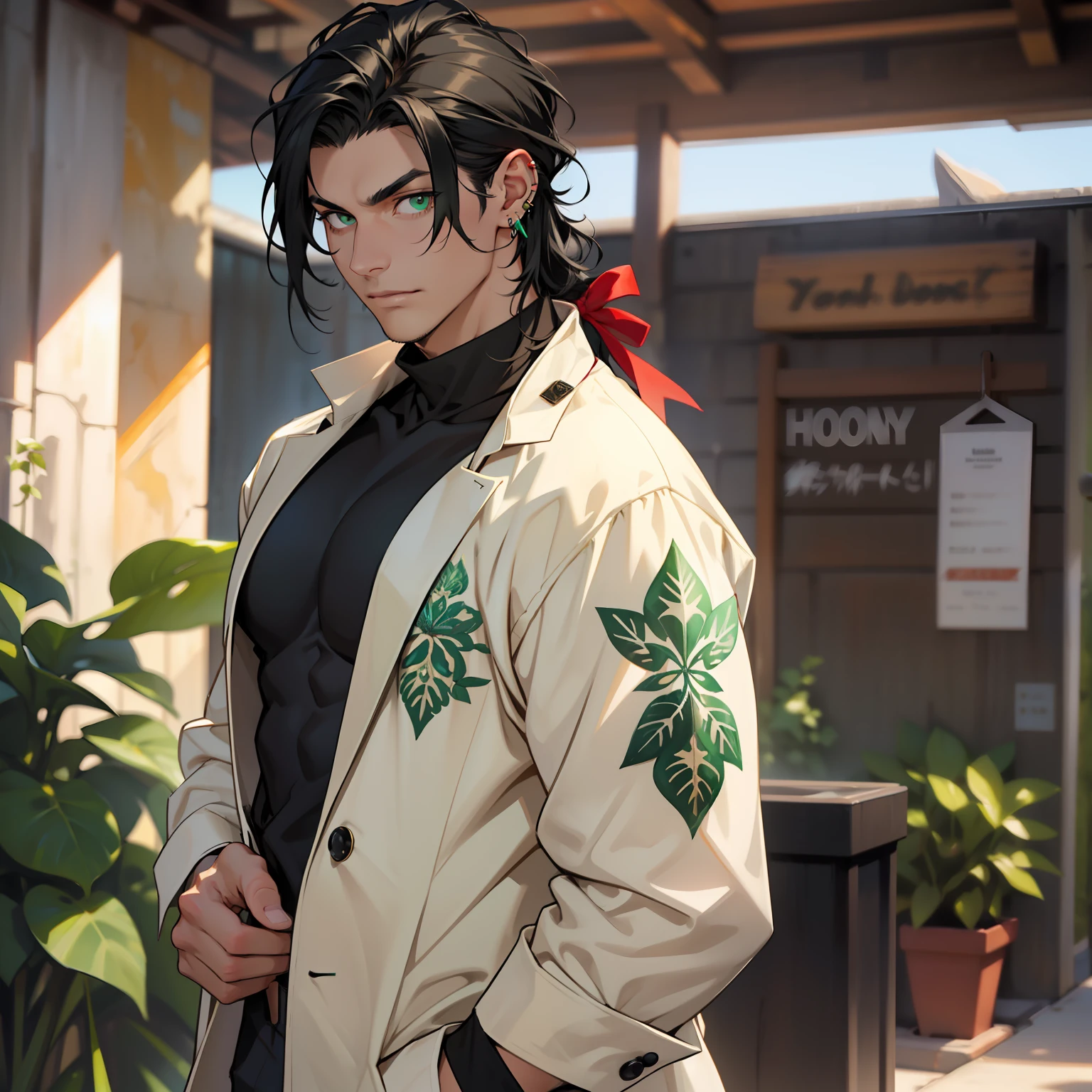 I have jet black hair that flows past my shoulders. It is usually tied behind me on top of my head with a red ribbon. My eyes are emerald green. My skin is the colour of honey, and I stand at just over six foot tall. Handsome male, bara. Casual clothes. Piercings.