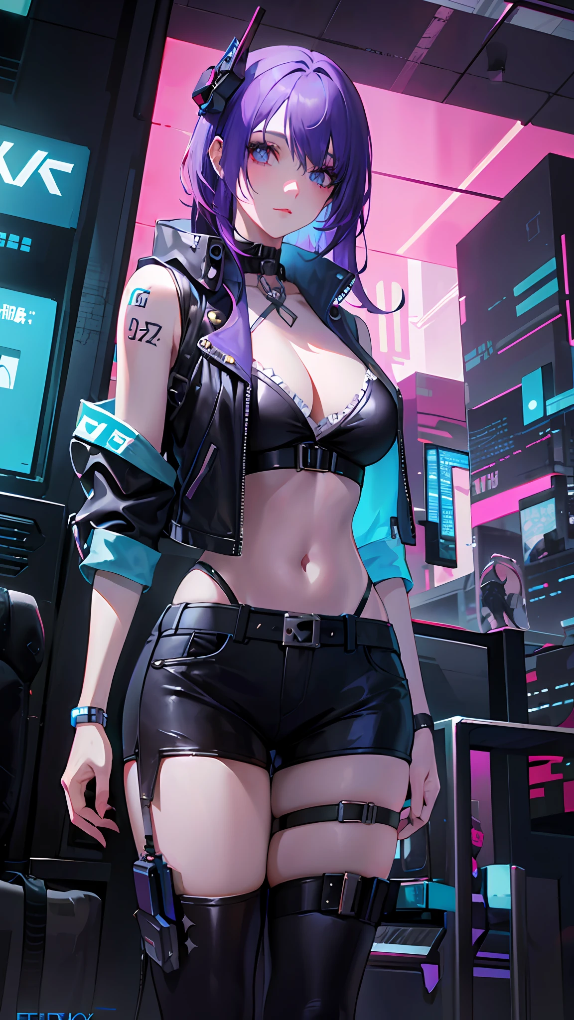 there is a woman with purple hair and a leather jacket, female cyberpunk anime girl, cyberpunk anime girl, digital cyberpunk anime art, cyberpunk vibe, cyberpunk girl, dreamy cyberpunk girl, in cyberpunk city, anime cyberpunk art, cyberpunk art style, digital cyberpunk - anime art, cyberpunk beautiful girl, cgsociety cyberpunk, cyberpunk themed art, in cyberpunk style