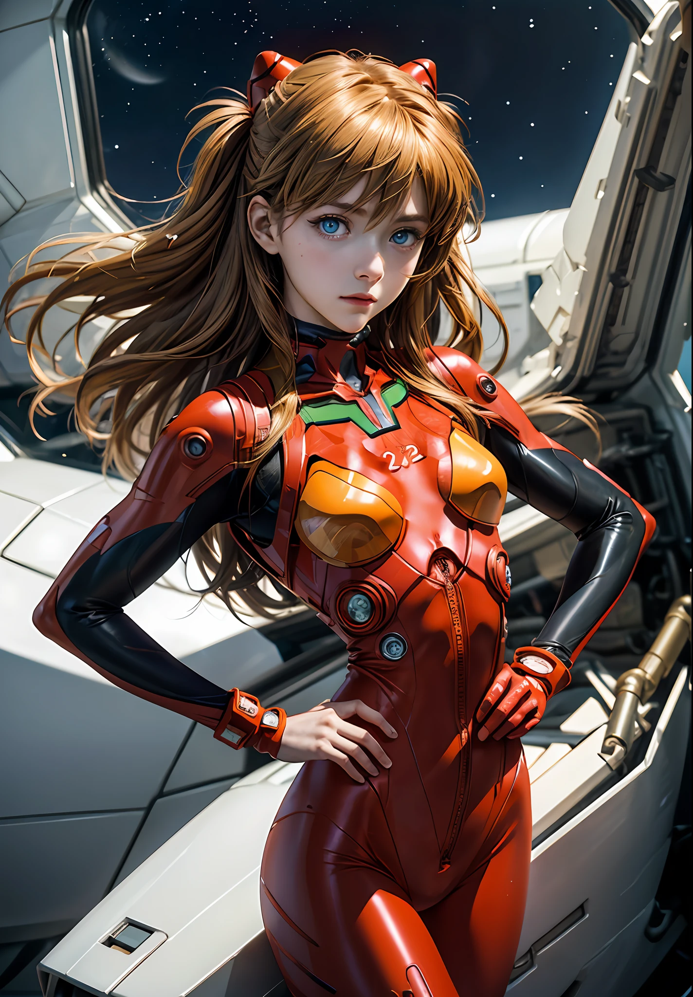 (Overhead view),dynamic angle,ultra-detailed, illustration, close-up, straight on, 1girl, 
 ((souryuu asuka langley, interface headset, red bodysuit:1.4, blonde)),Her eyes shone like dreamy stars,(glowing eyes:1.233),(beautiful and detailed eyes:1.1),(expressionless,closed mouth),(standing), 
(mechanic room with toolsand spaceship windowin a white SPACESHIP),
(night:1.2),dreamy, [[delicate fingers and hands:0.55]::0.85],(detail fingers),