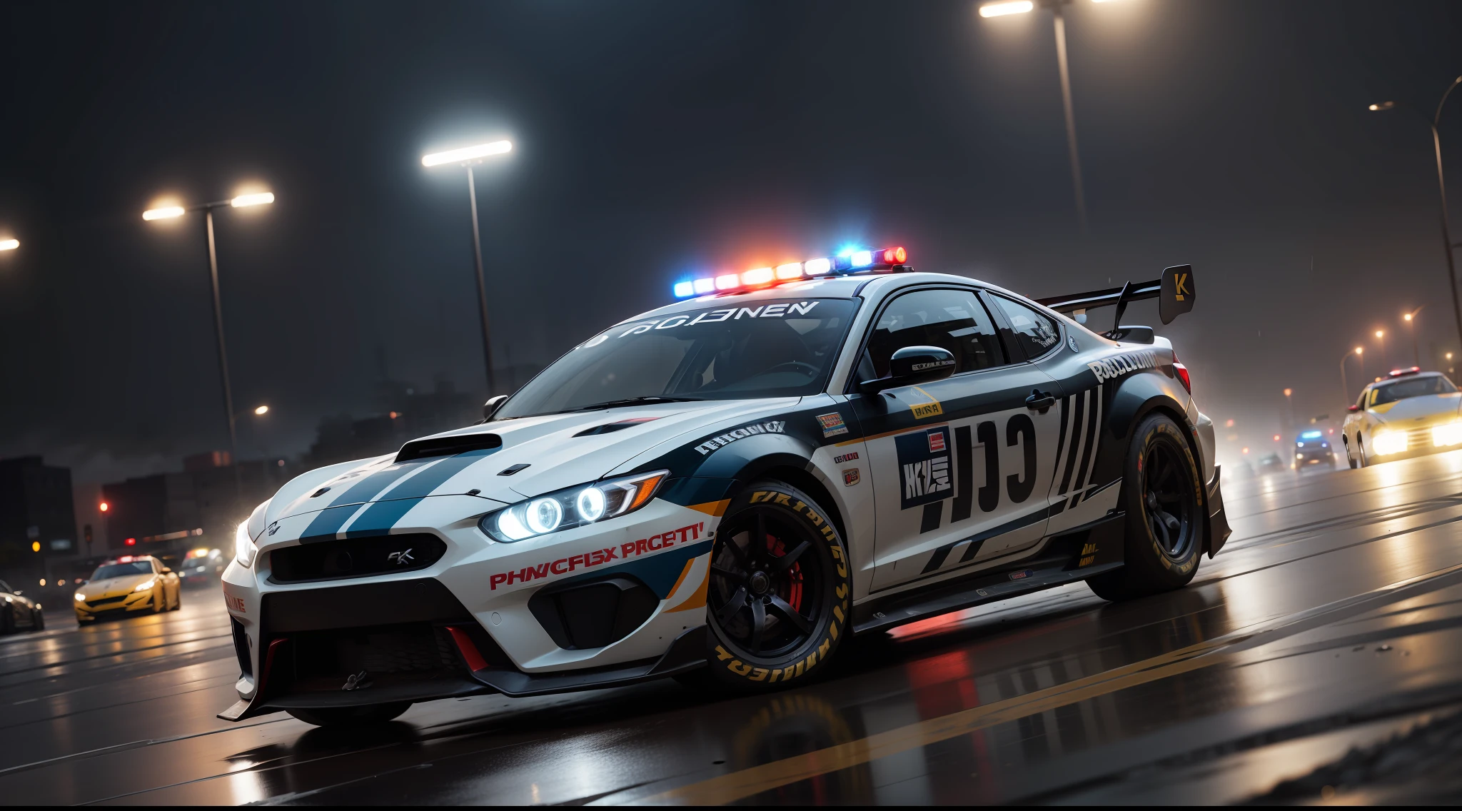 racer,Photorealistic rendering,4k画质,8K quality,rendering by octane,unreal engine rendered,Automotive design drawings,,Draft industrial designs,Hand drawn design drawings,Cinema lenses,High motion blur,Night drag racing,city road,Night racing,raining day,shootout,Pursuit battle,电影灯光,Car chase drama,Police chases,Chase illegal racing