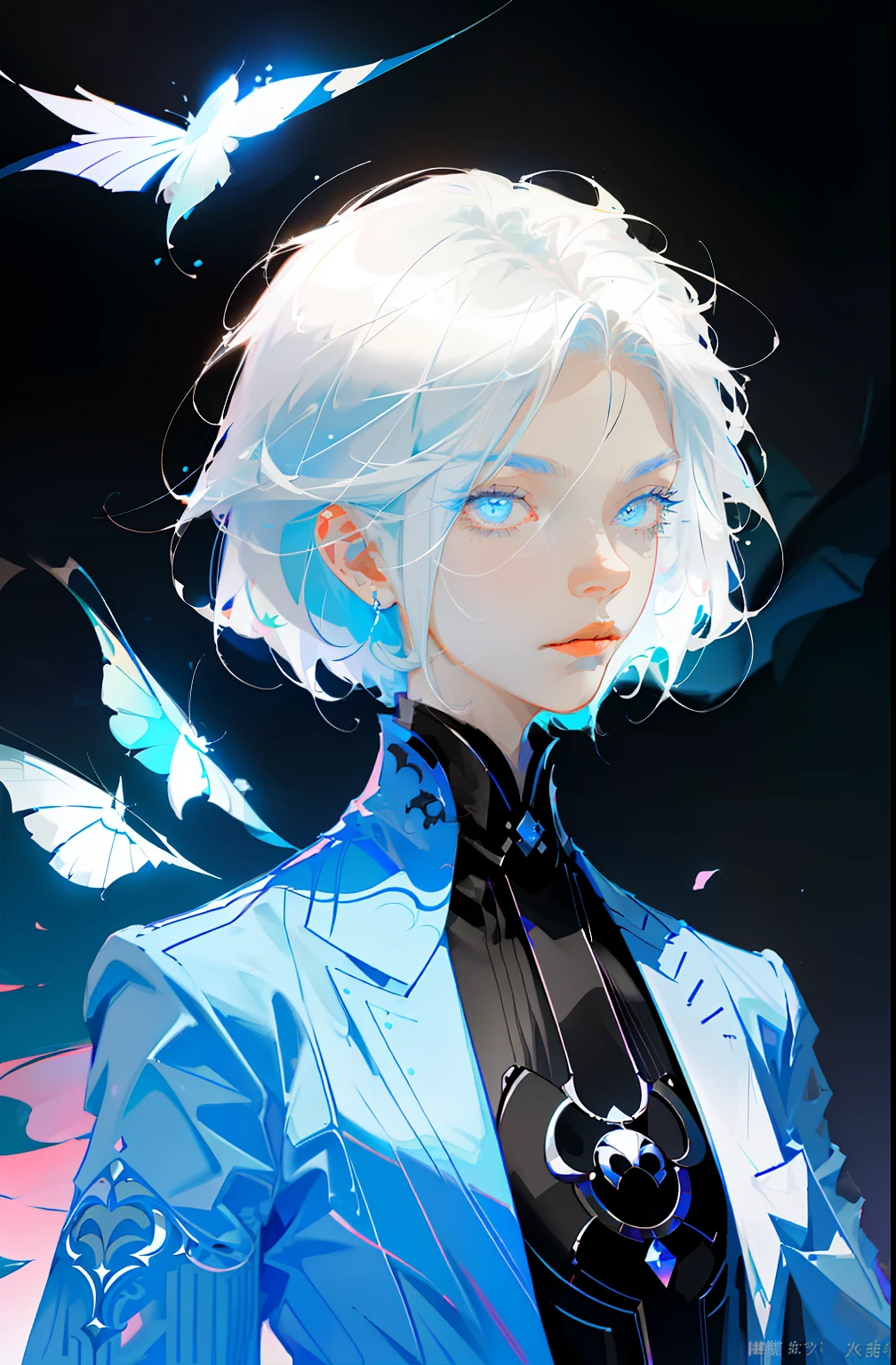 tmasterpiece，Best quality at best，超高分辨率，character sheets，Fluorescent color，1 person，genderless，White color hair，blue color eyes，looking toward the viewer，apathy，A half body