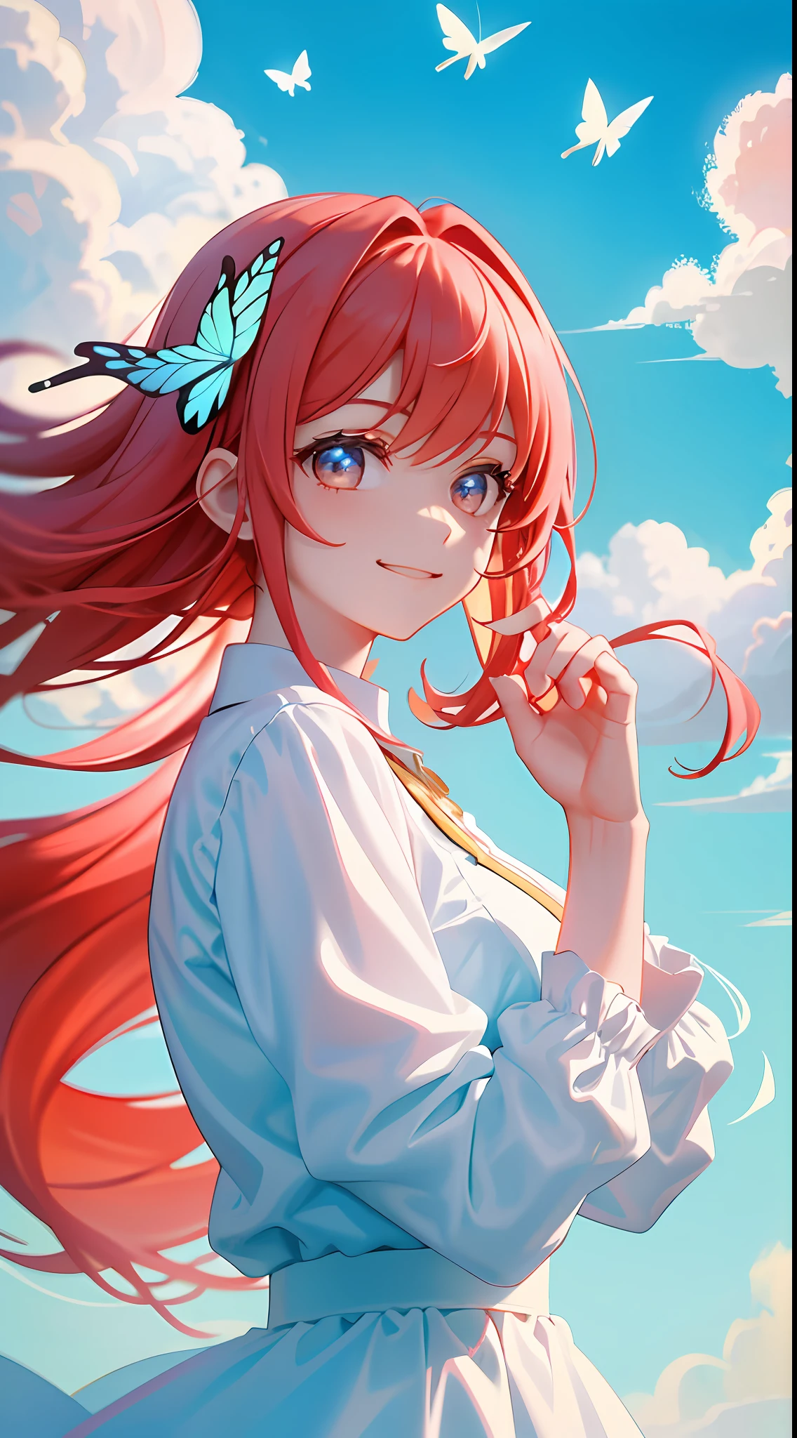 Masterpiece, Best Quality, Movie Stills, 1Girl, Floating in the Sky, Cloud Girl, Clouds, (Close-up: 1.1), Bright, Happy, Funny, Soft Lighting, Pale red Hair, Smile, butterfly